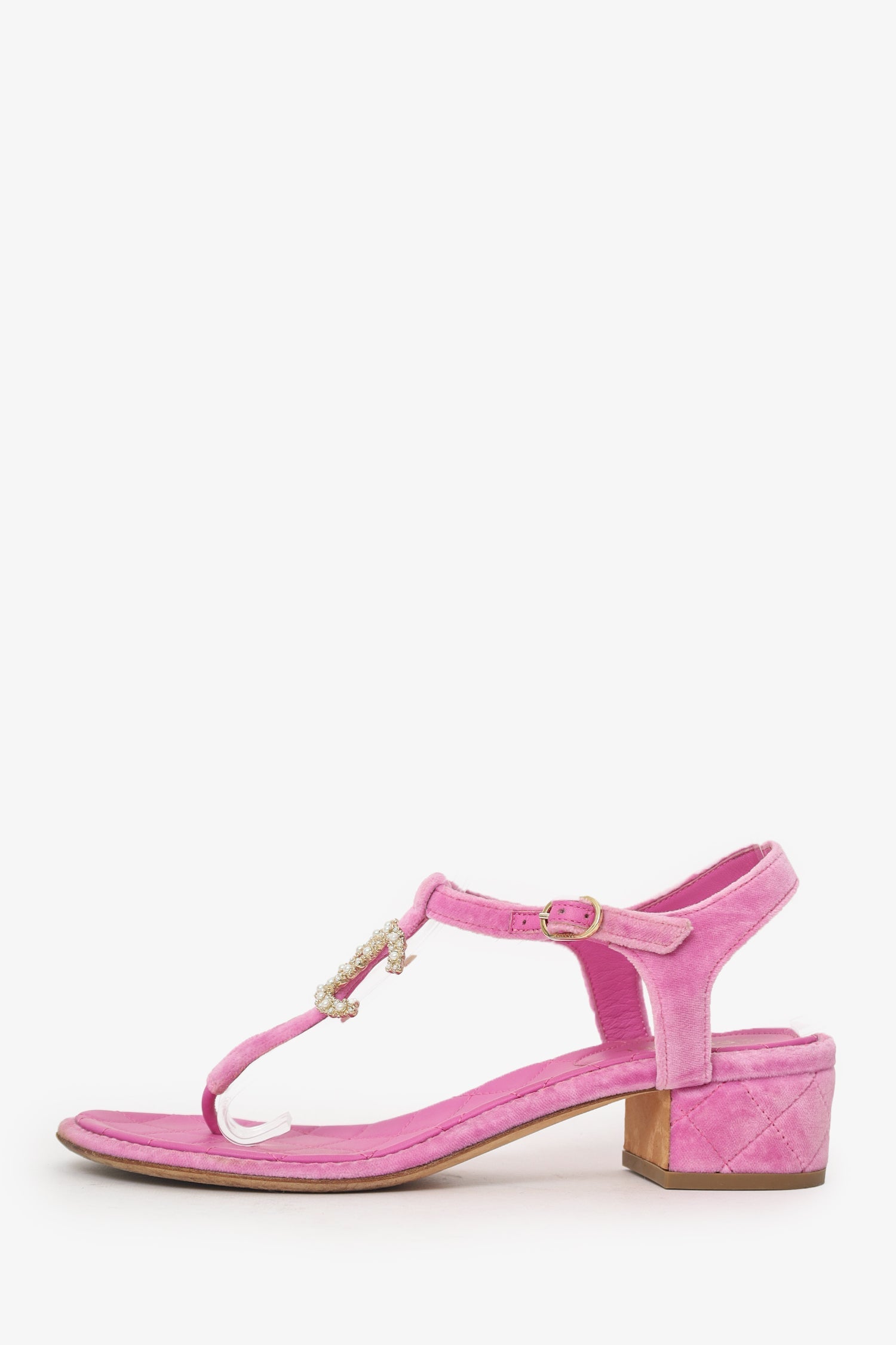 Pre-Loved Chanel™ Pink Velvet CC T-Strap Sandals Size 39