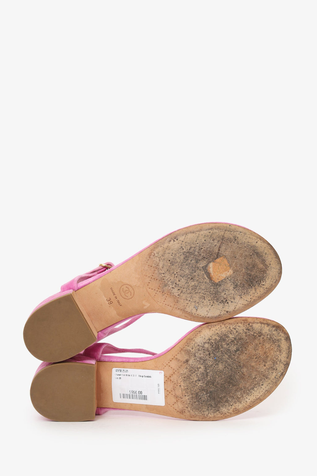 Pre-Loved Chanel™ Pink Velvet CC T-Strap Sandals Size 39