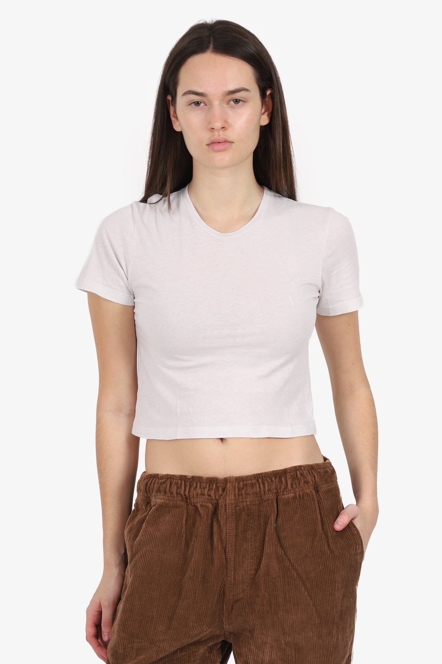 Saint Laurent White Cropped 'YSL' Embroidered T-Shirt Estimated Size XS