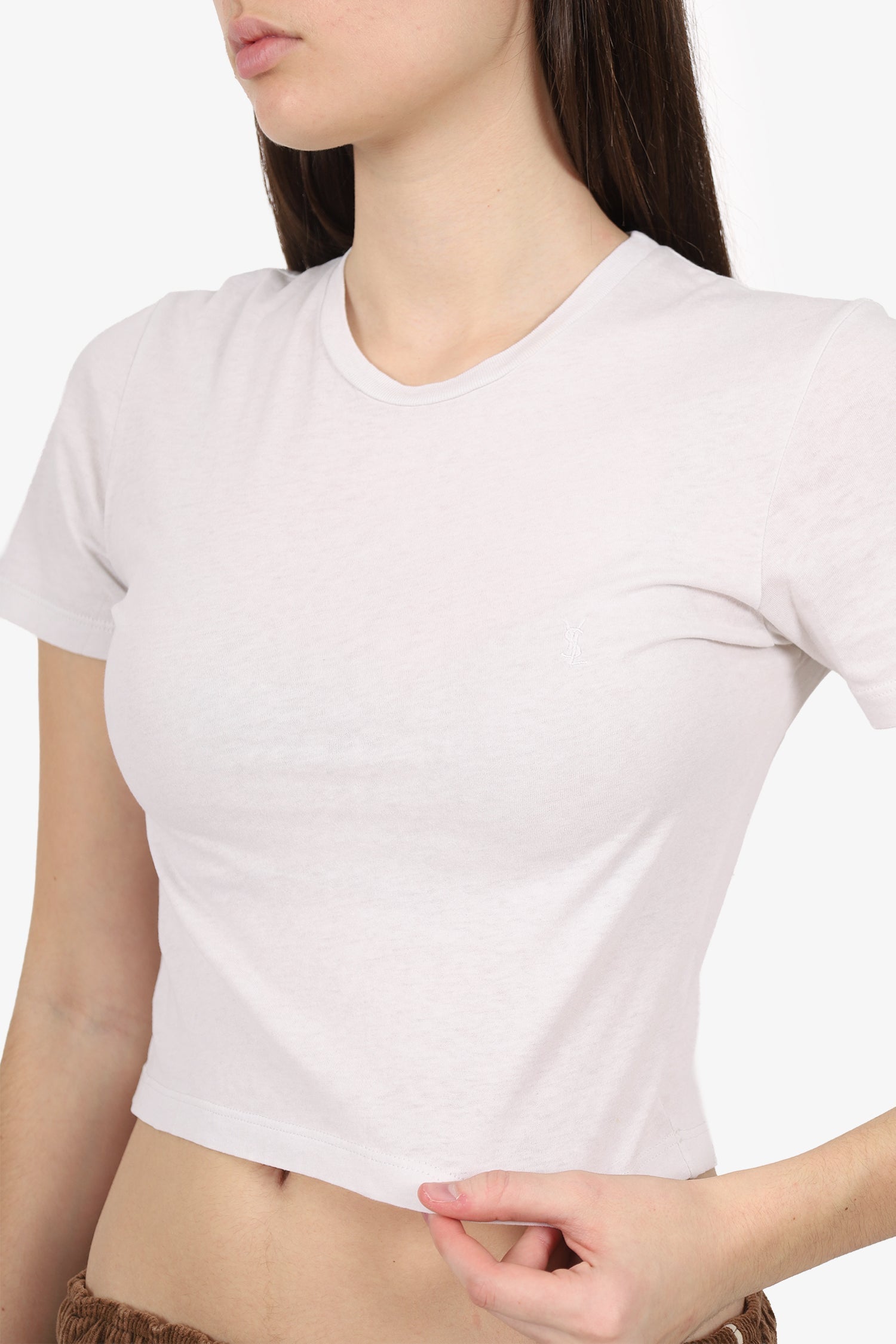 Saint Laurent White Cropped 'YSL' Embroidered T-Shirt Estimated Size XS