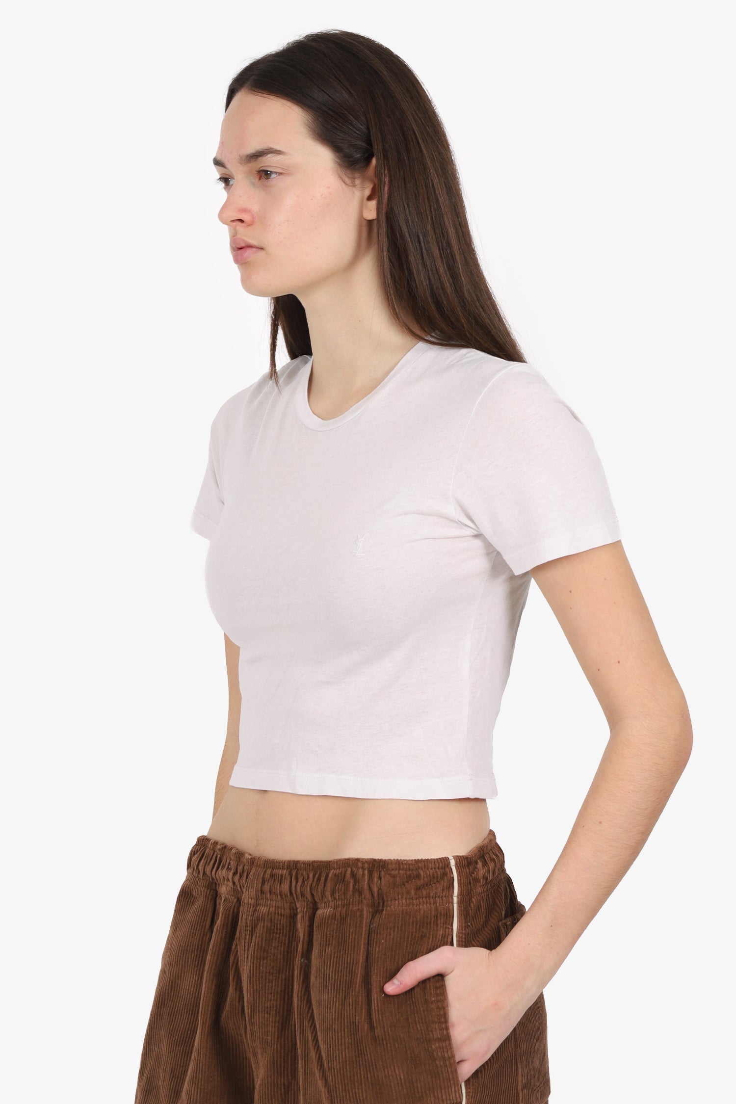 Saint Laurent White Cropped 'YSL' Embroidered T-Shirt Estimated Size XS