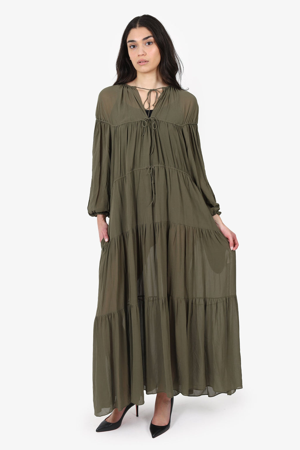 Matteau Khaki Green Silk Sheer Tiered Maxi Dress Size 6