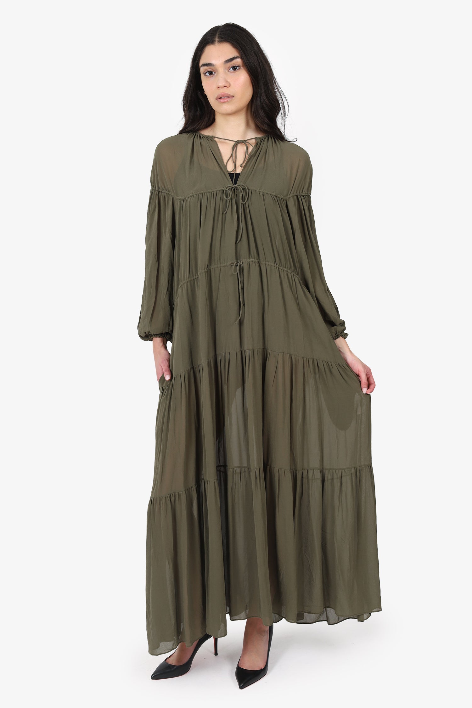 Matteau Khaki Green Silk Sheer Tiered Maxi Dress Size 6
