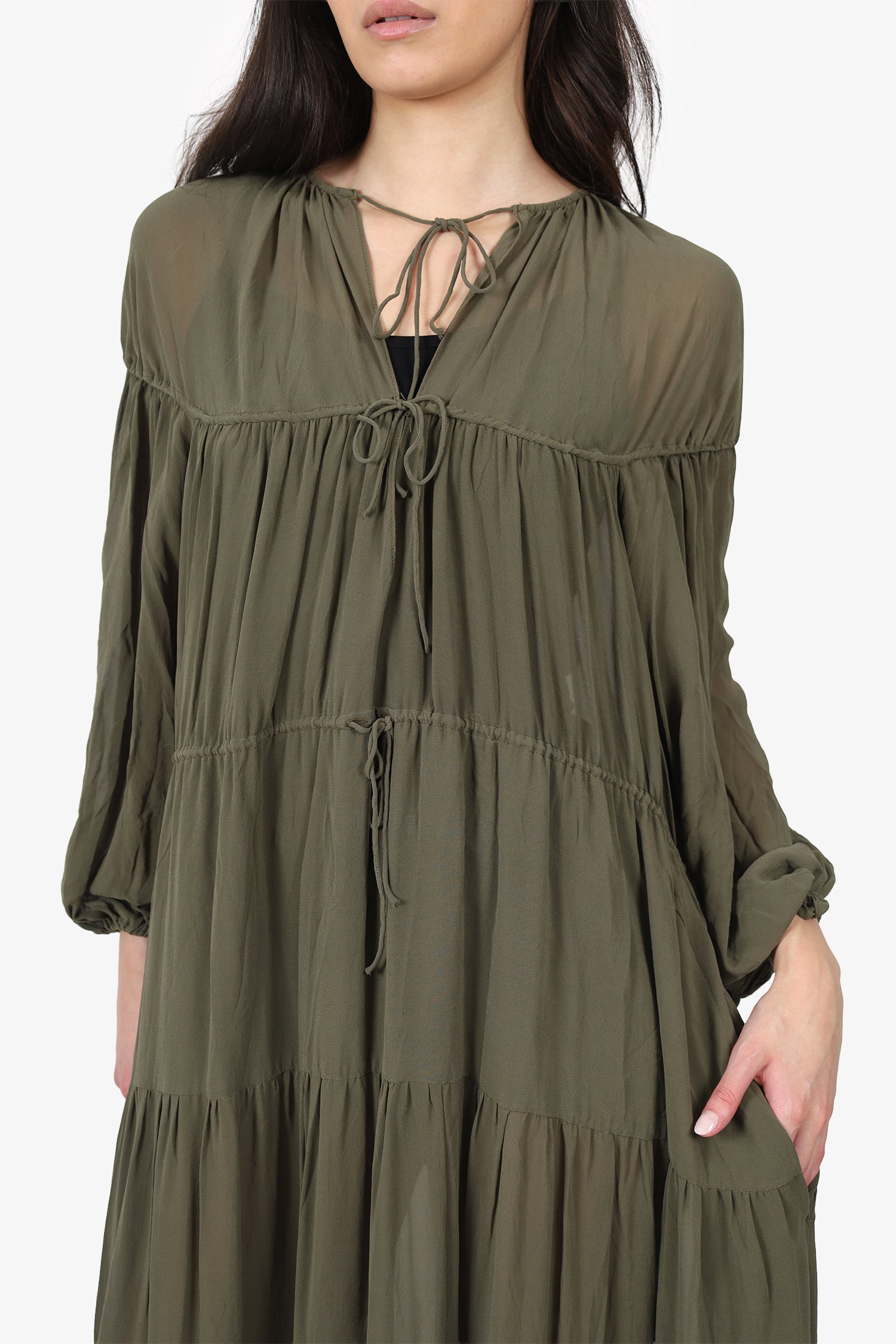 Matteau Khaki Green Silk Sheer Tiered Maxi Dress Size 6