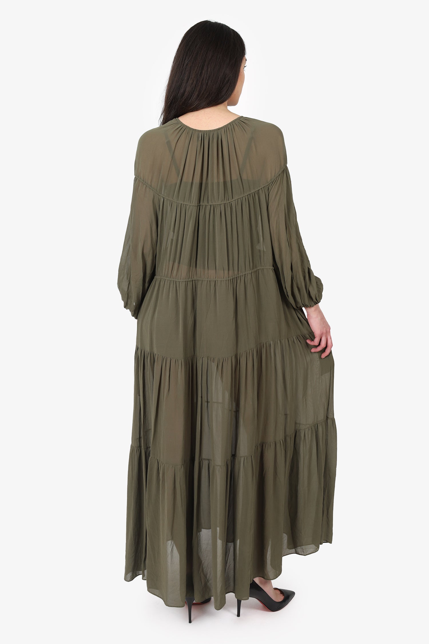 Matteau Khaki Green Silk Sheer Tiered Maxi Dress Size 6