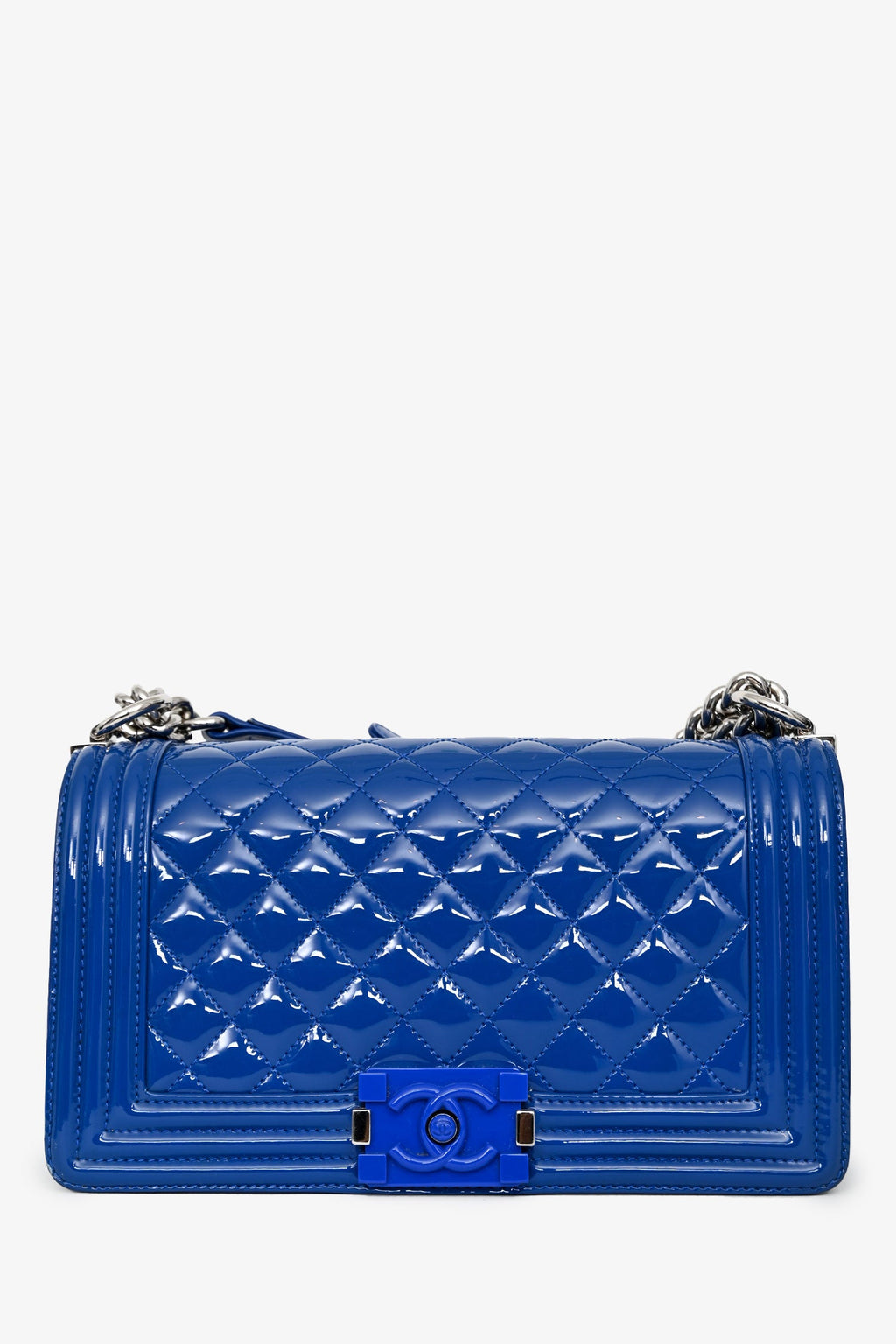 Pre-Loved Chanel™ 2014/15 Cobalt Blue Patent Old Medium Boy Bag