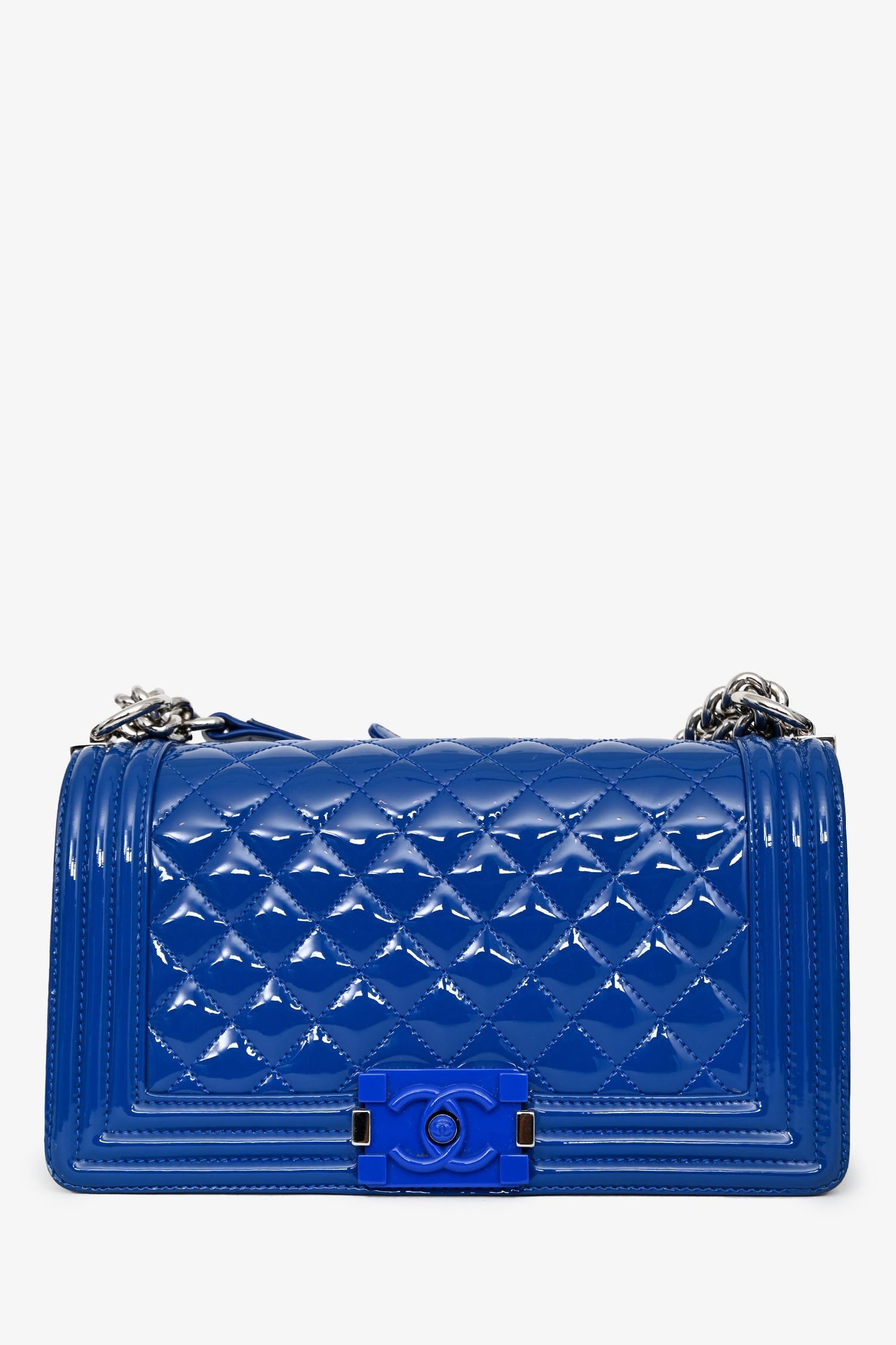 Pre-Loved Chanel™ 2014/15 Cobalt Blue Patent Old Medium Boy Bag