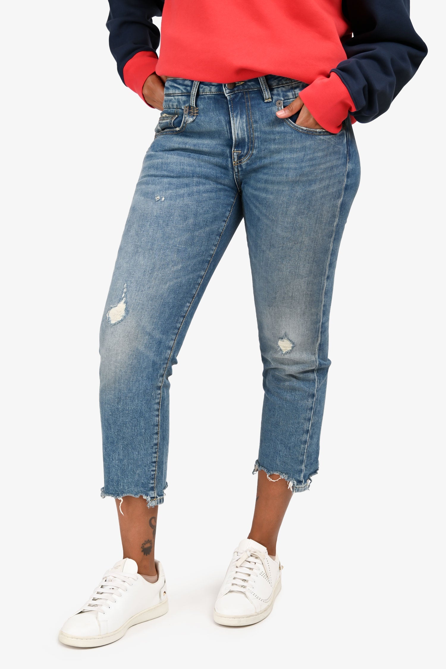 R13 Blue Denim Distressed Straight Leg Jeans Size 28