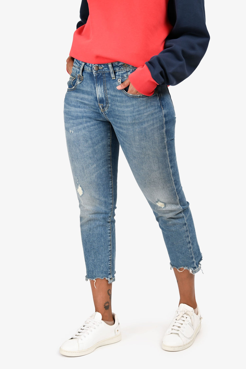 R13 Blue Denim Distressed Straight Leg Jeans Size 28