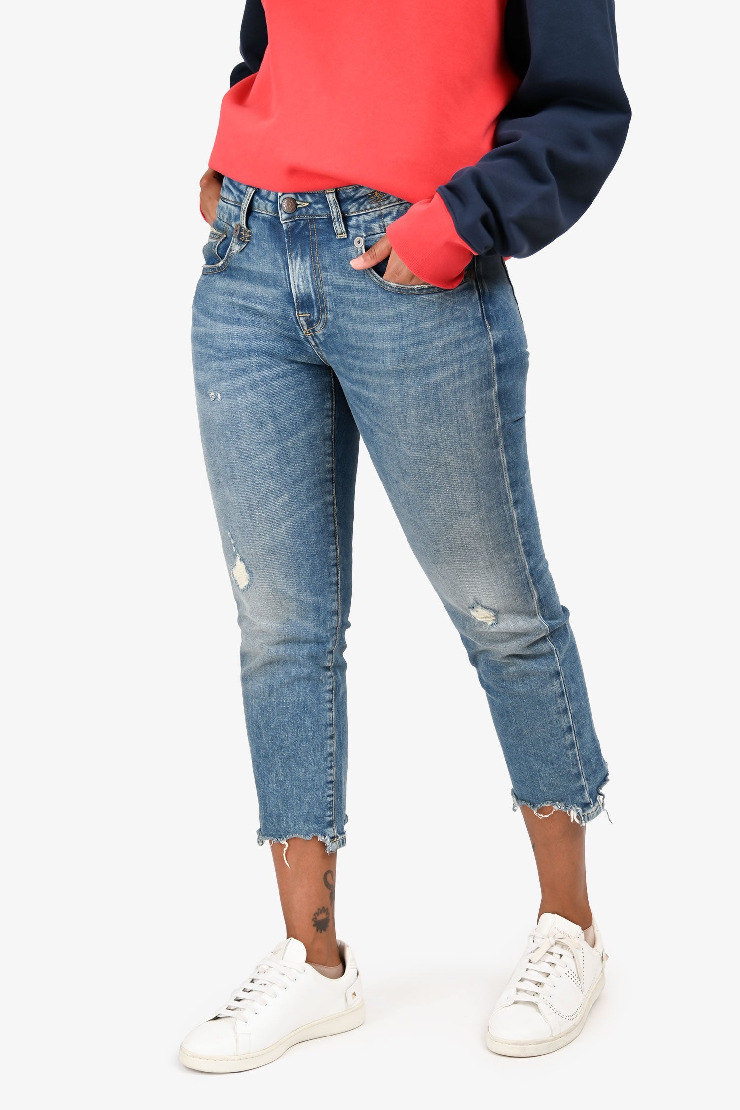 R13 Blue Denim Distressed Straight Leg Jeans Size 28