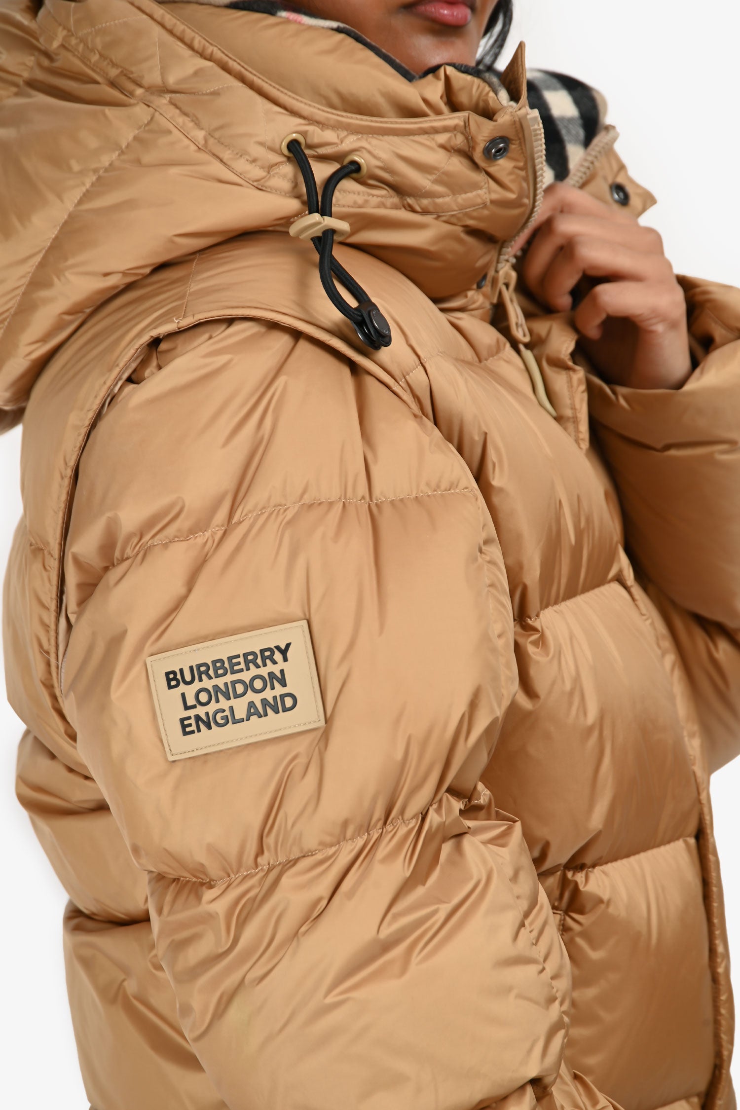 Burberry London Tan Hooded Removable Sleeve Puffer Jacket Size S Mens