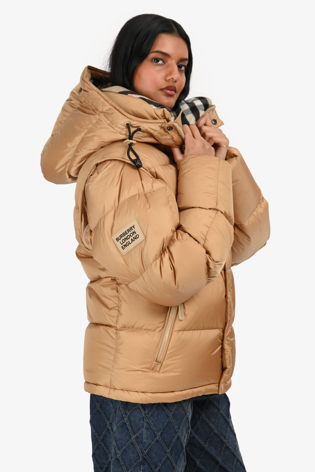 Burberry London Tan Hooded Removable Sleeve Puffer Jacket Size S Mens