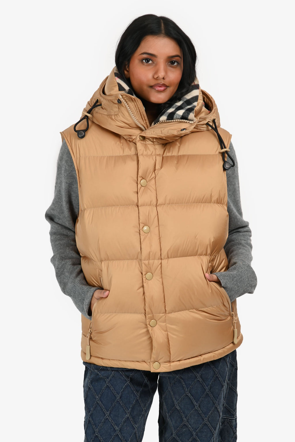 Burberry London Tan Hooded Removable Sleeve Puffer Jacket Size S Mens