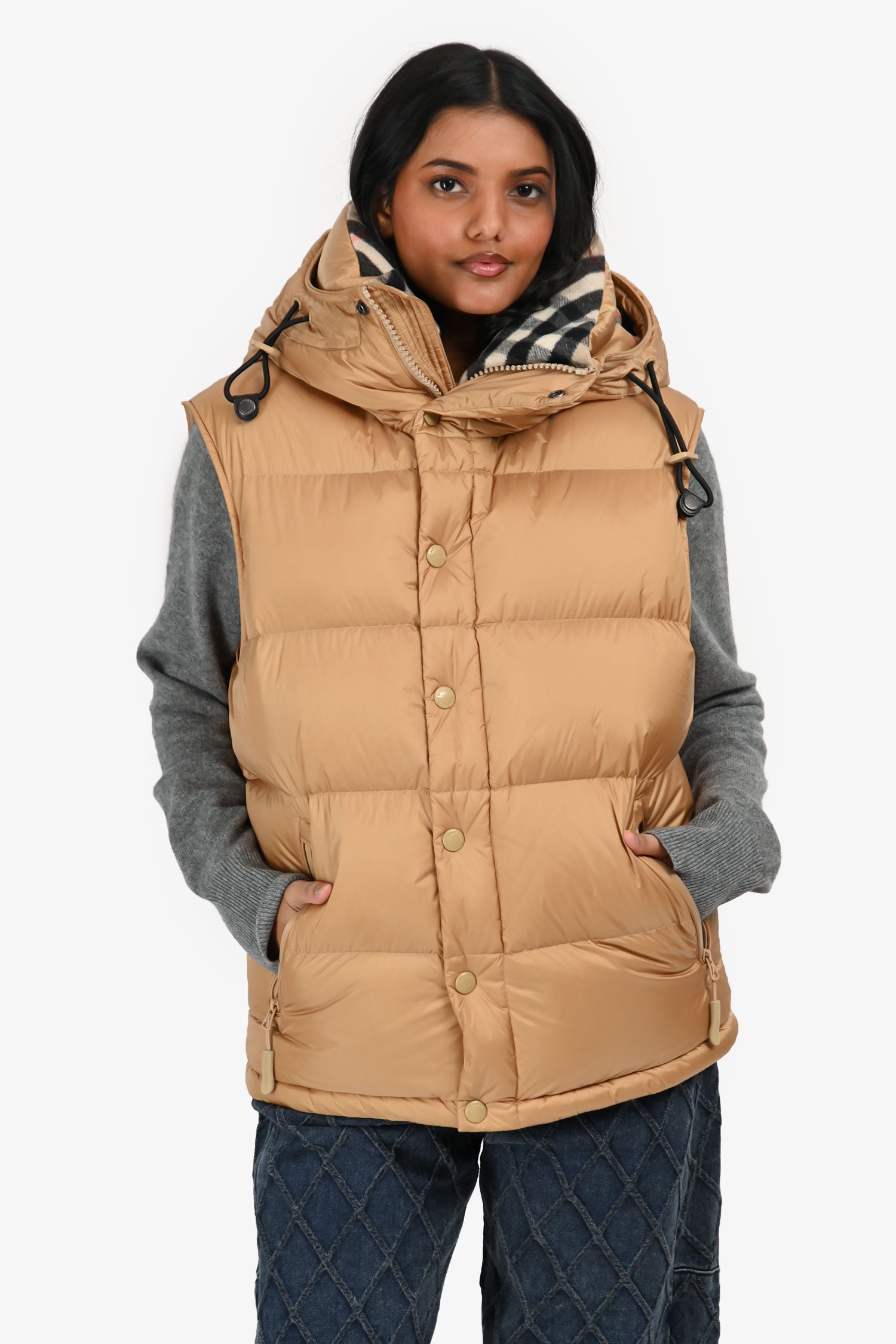 Burberry London Tan Hooded Removable Sleeve Puffer Jacket Size S Mens