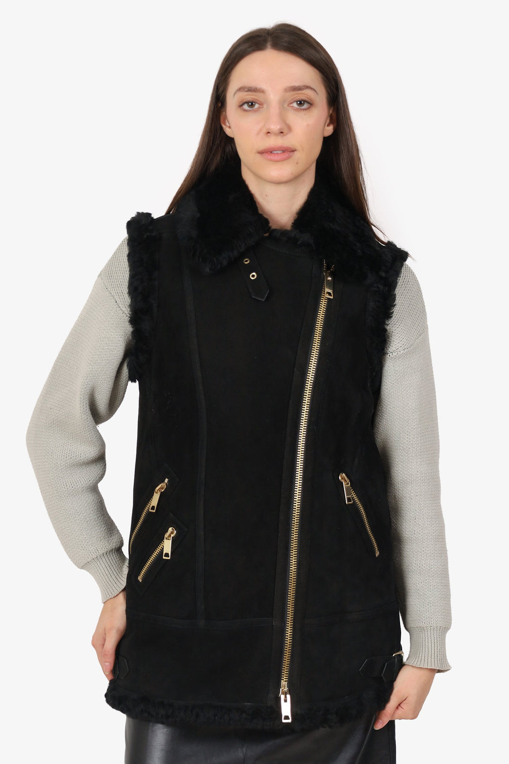 Burberry Black Shearling Biker Vest Size 8