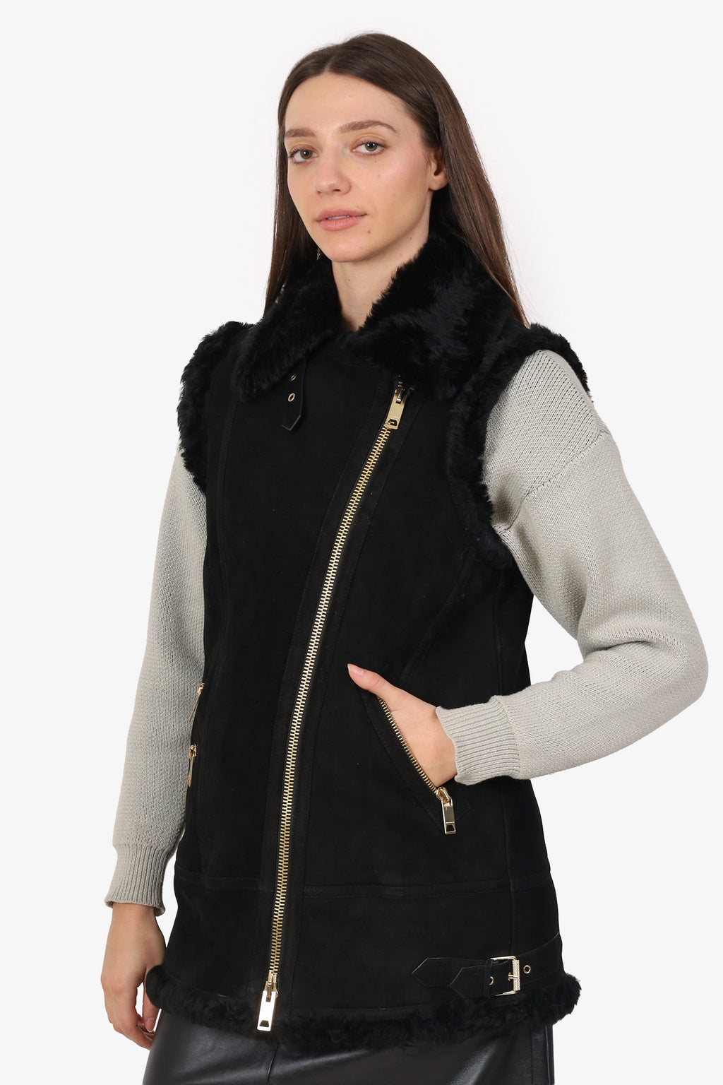 Burberry Black Shearling Biker Vest Size 8