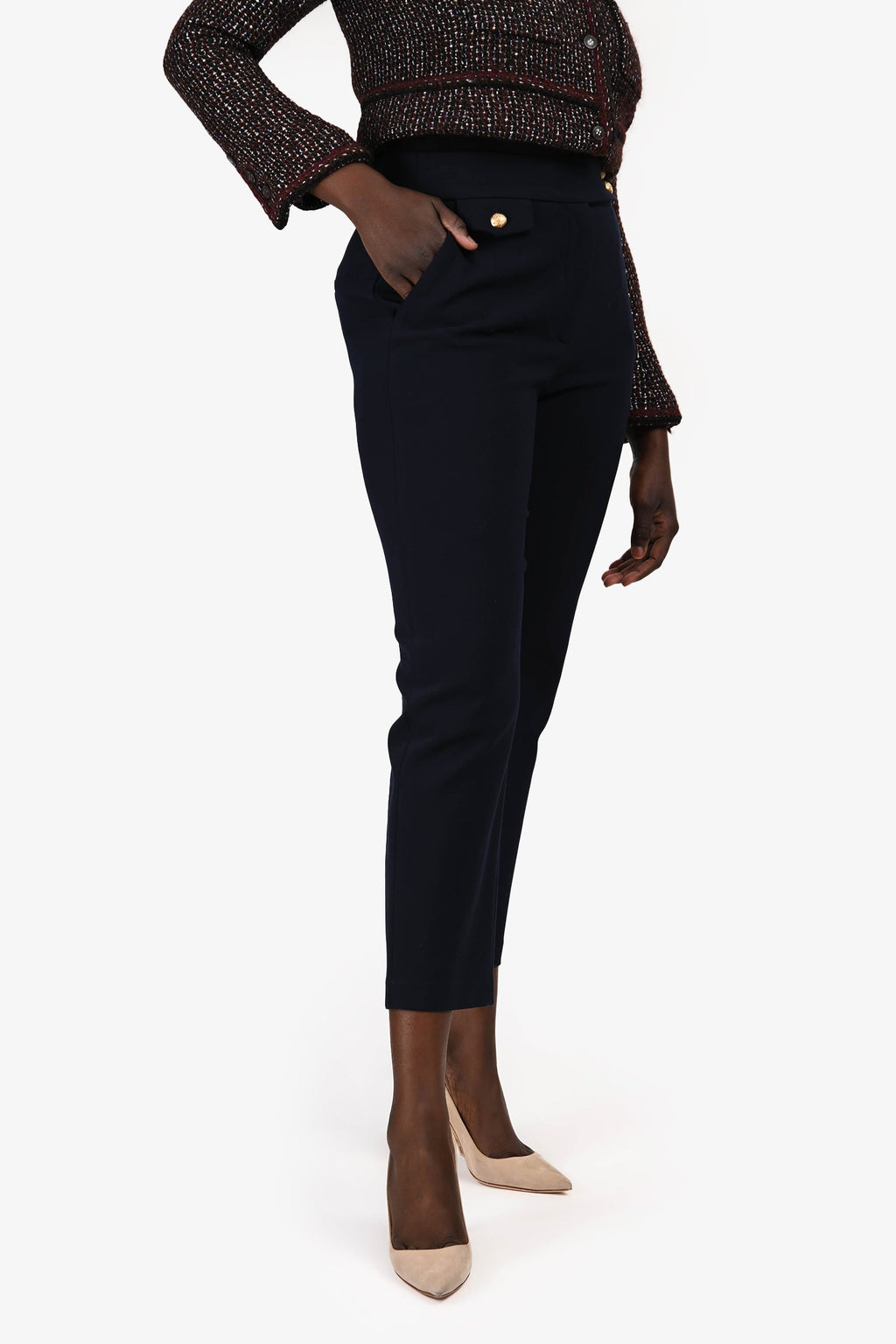 Veronica Beard Navy 'Renzo' Slim-Leg Pants with Gold Buttons Size 10