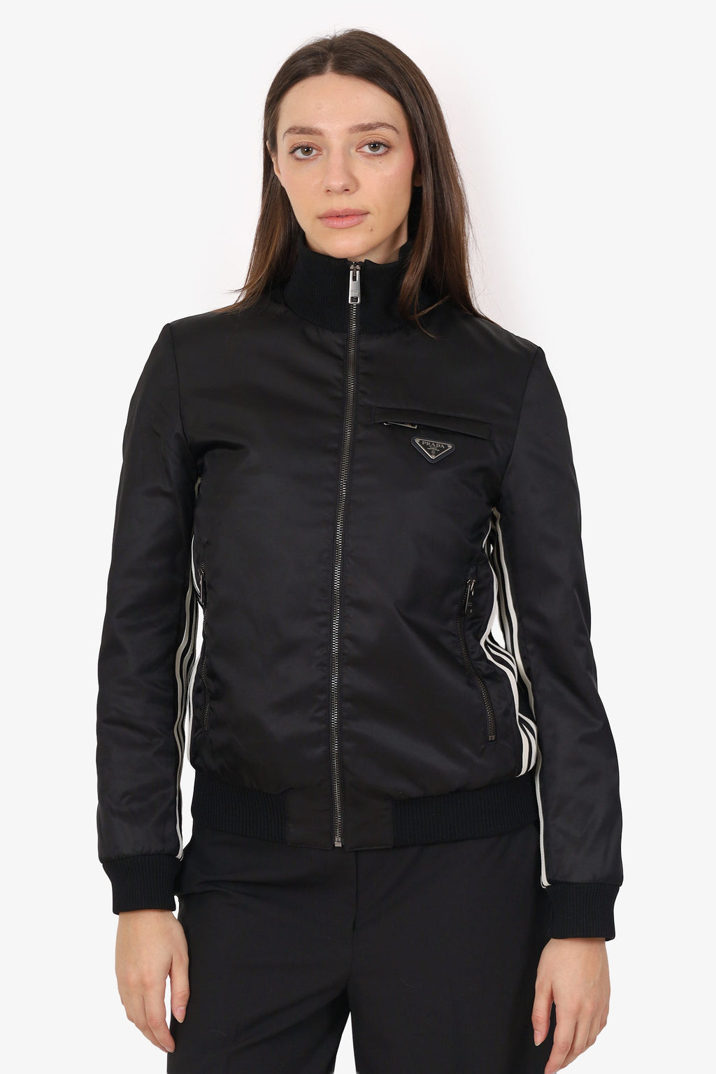 Prada x Adidas 2021 Black Re-Nylon Striped Zip-Up Jacket Size 40
