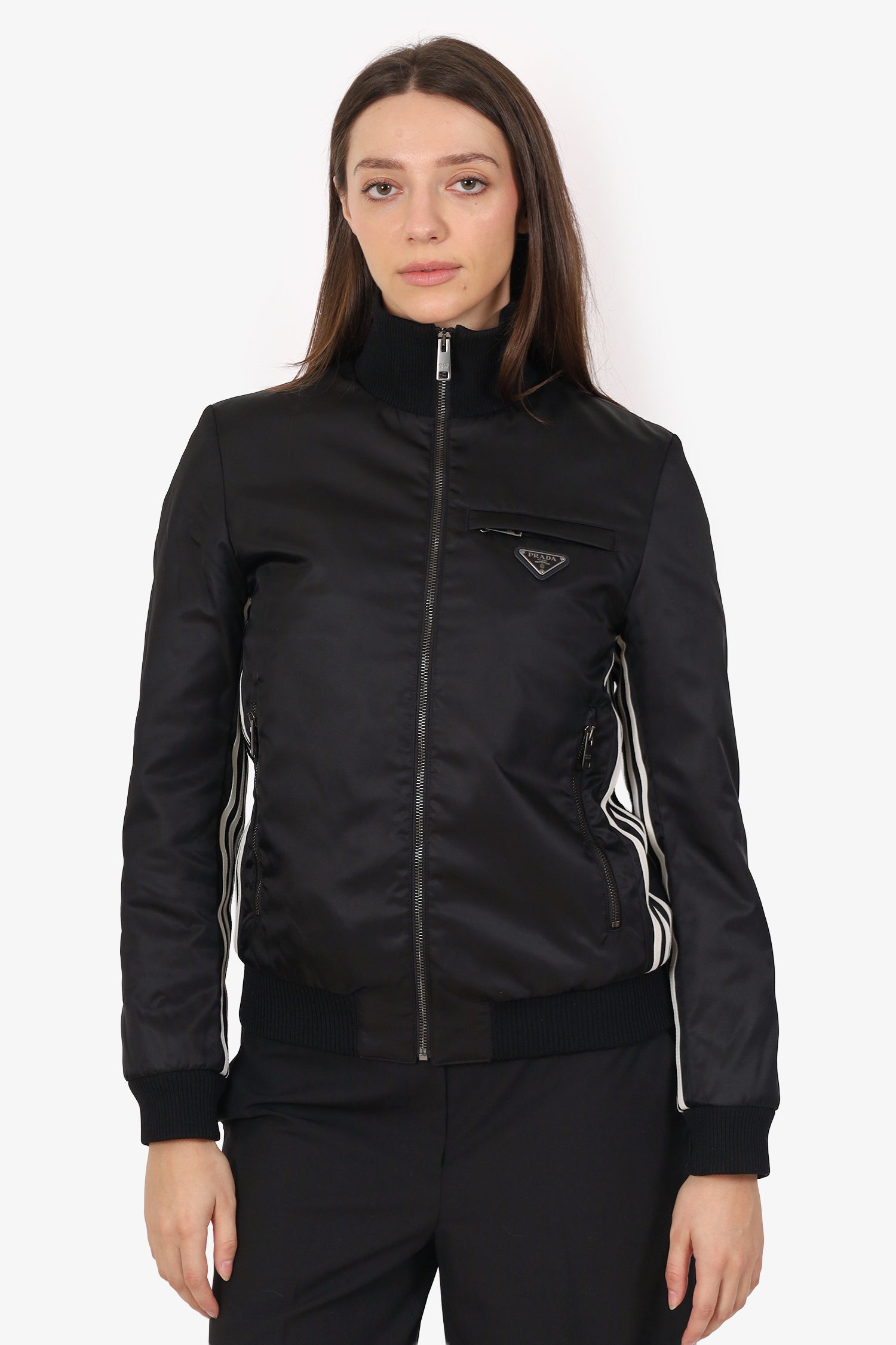 Prada x Adidas 2021 Black Re-Nylon Striped Zip-Up Jacket Size 40