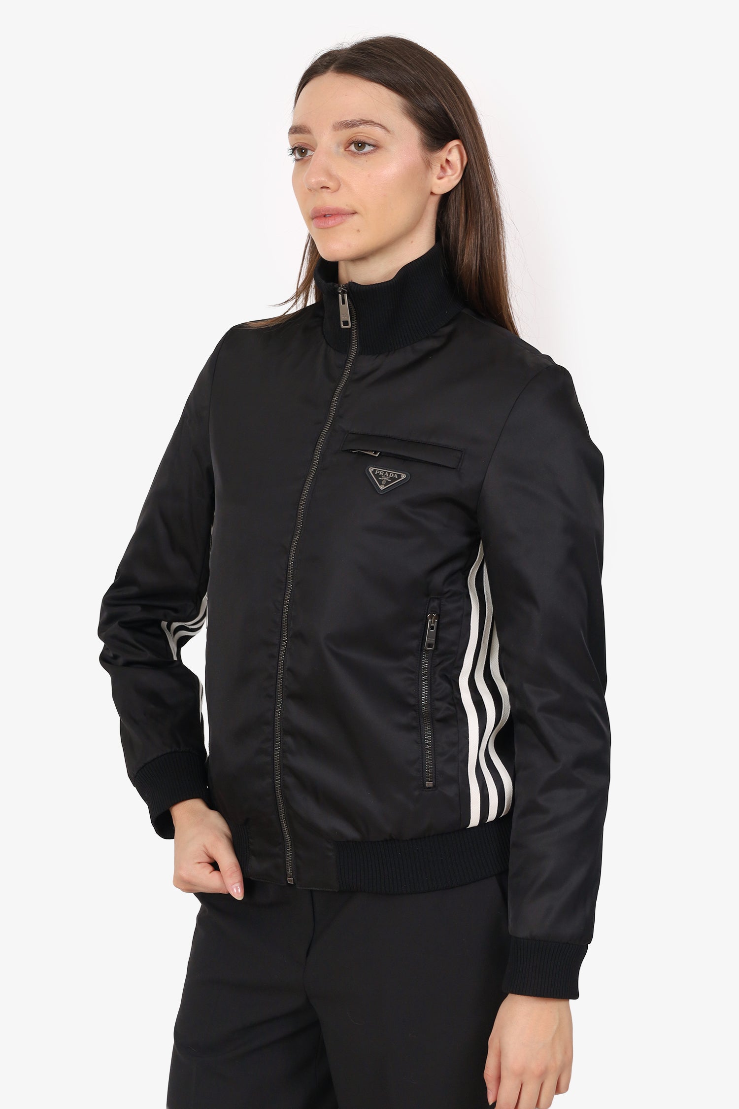 Prada x Adidas 2021 Black Re-Nylon Striped Zip-Up Jacket Size 40