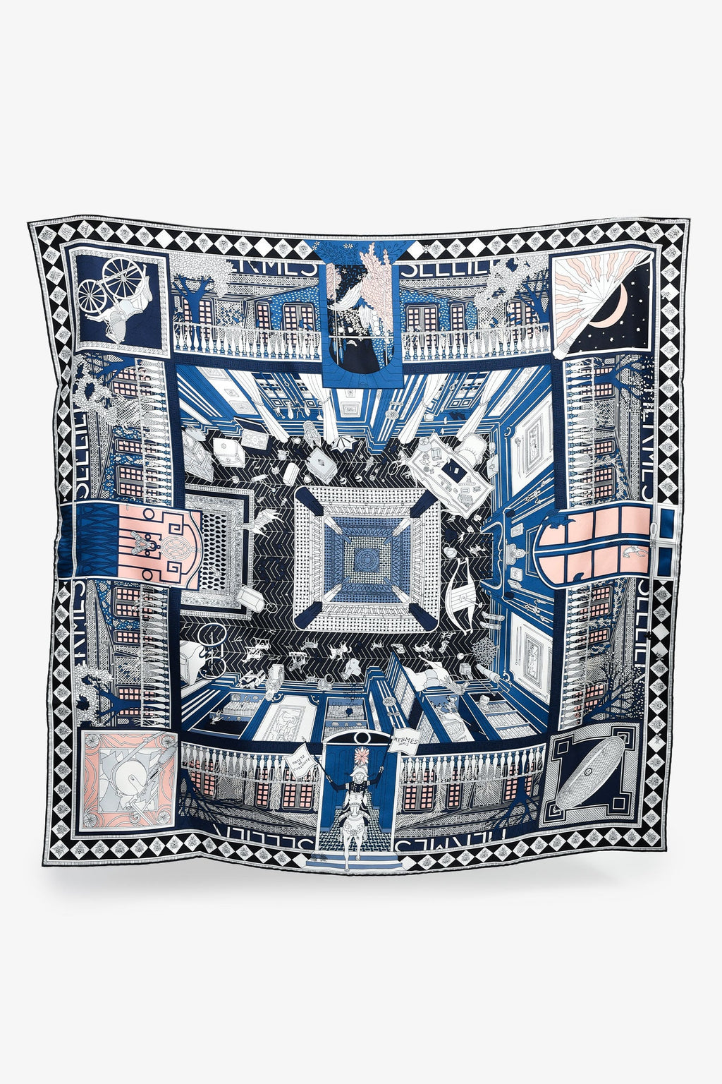 Hermès Navy/Blush Silk 'Objets de Curiosite' Scarf 90