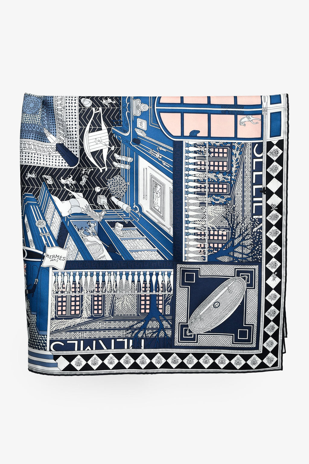 Hermès Navy/Blush Silk 'Objets de Curiosite' Scarf 90
