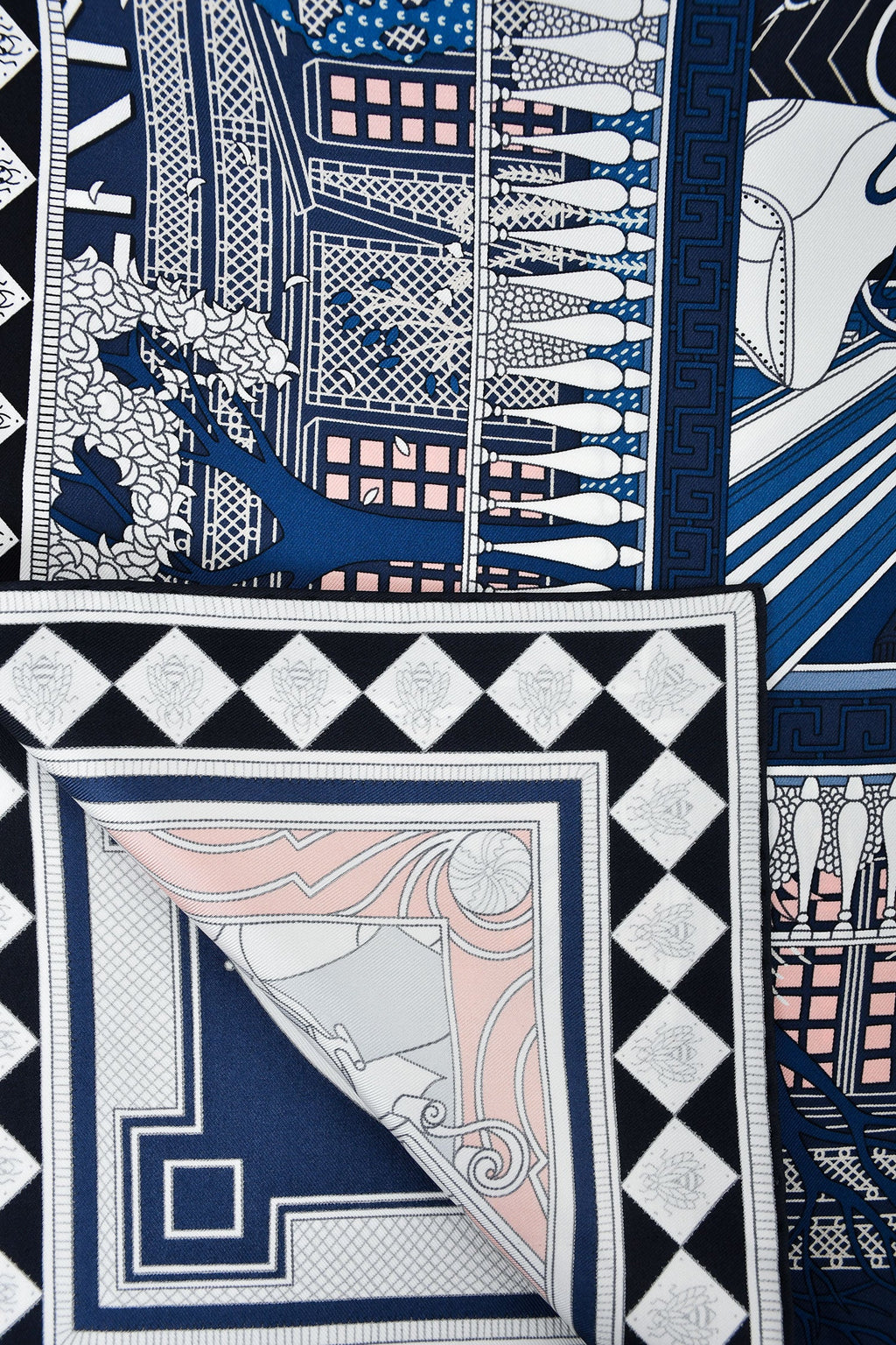 Hermès Navy/Blush Silk 'Objets de Curiosite' Scarf 90