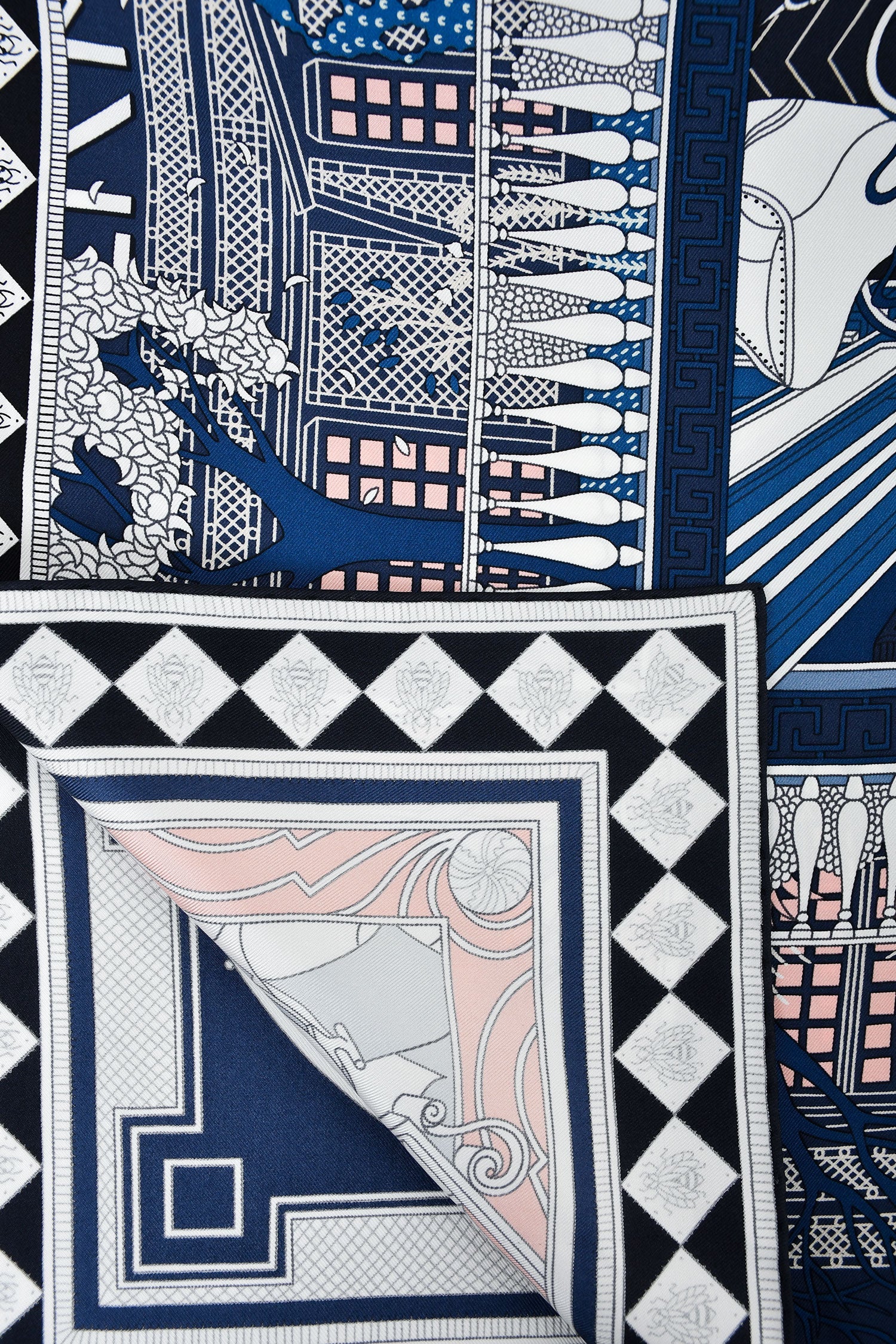 Hermès Navy/Blush Silk 'Objets de Curiosite' Scarf 90
