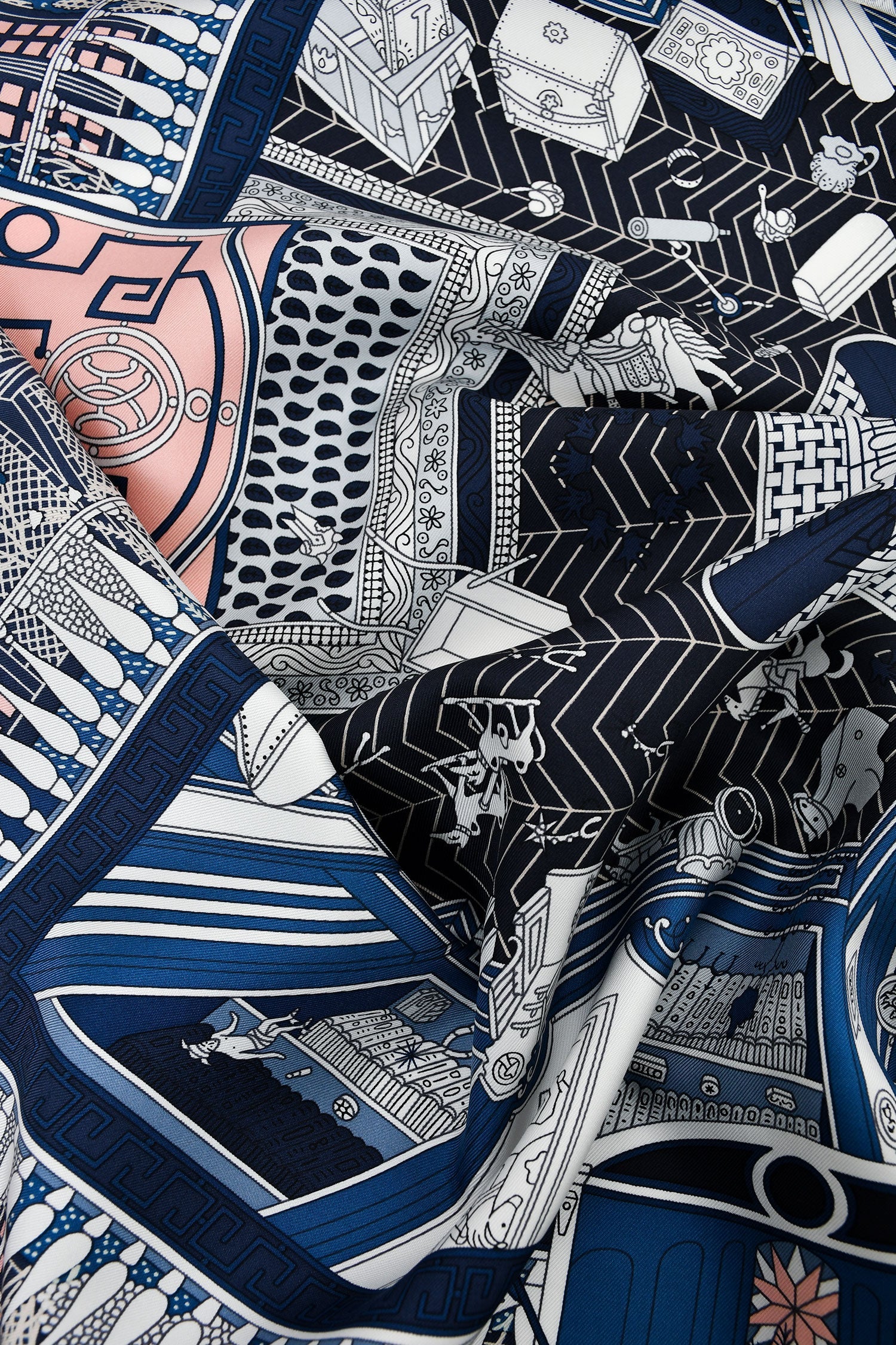 Hermès Navy/Blush Silk 'Objets de Curiosite' Scarf 90