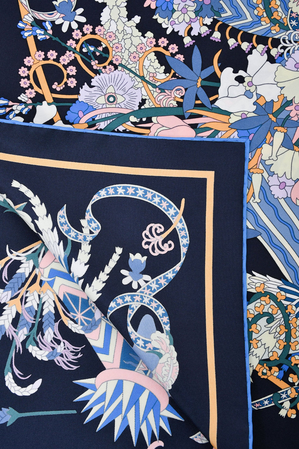 Hermès Black/Cobalt Silk 'Le Sacre des Saisons' Scarf 90