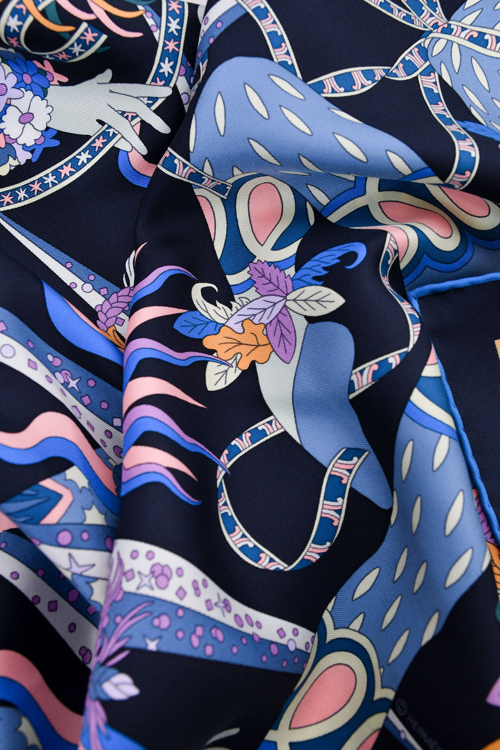 Hermès Black/Cobalt Silk 'Le Sacre des Saisons' Scarf 90