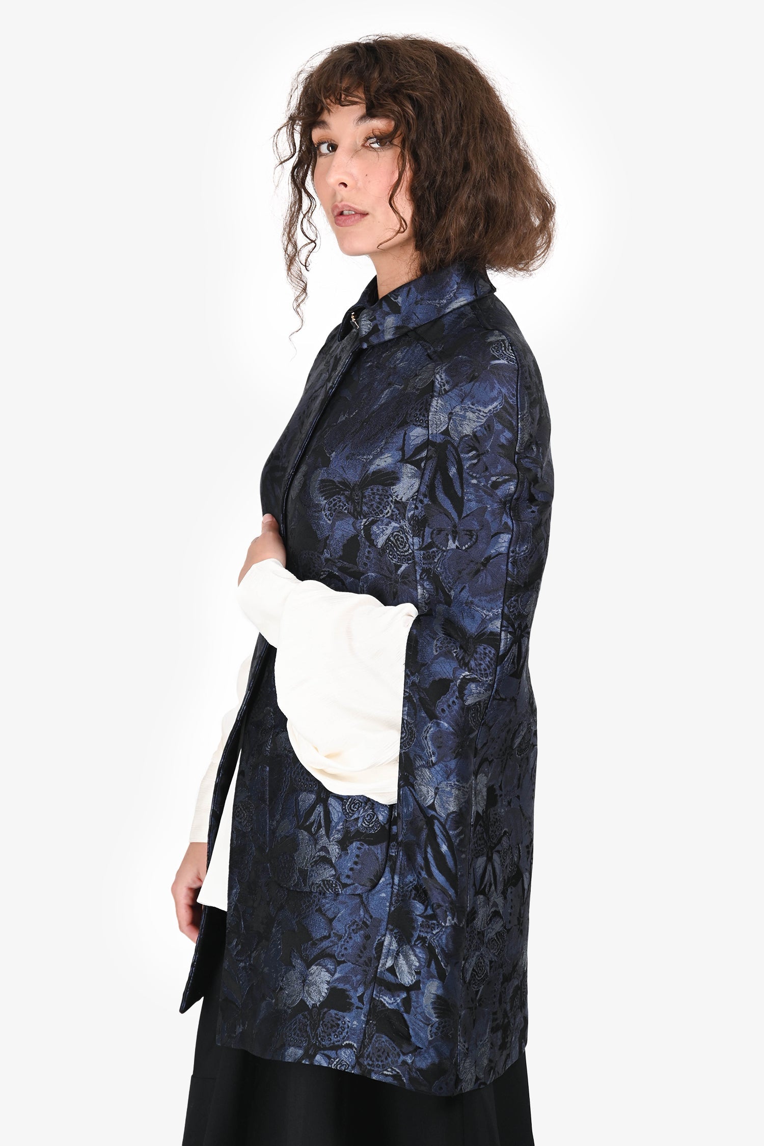 Valentino Blue Silk Butterflies Print Cape Jacket
