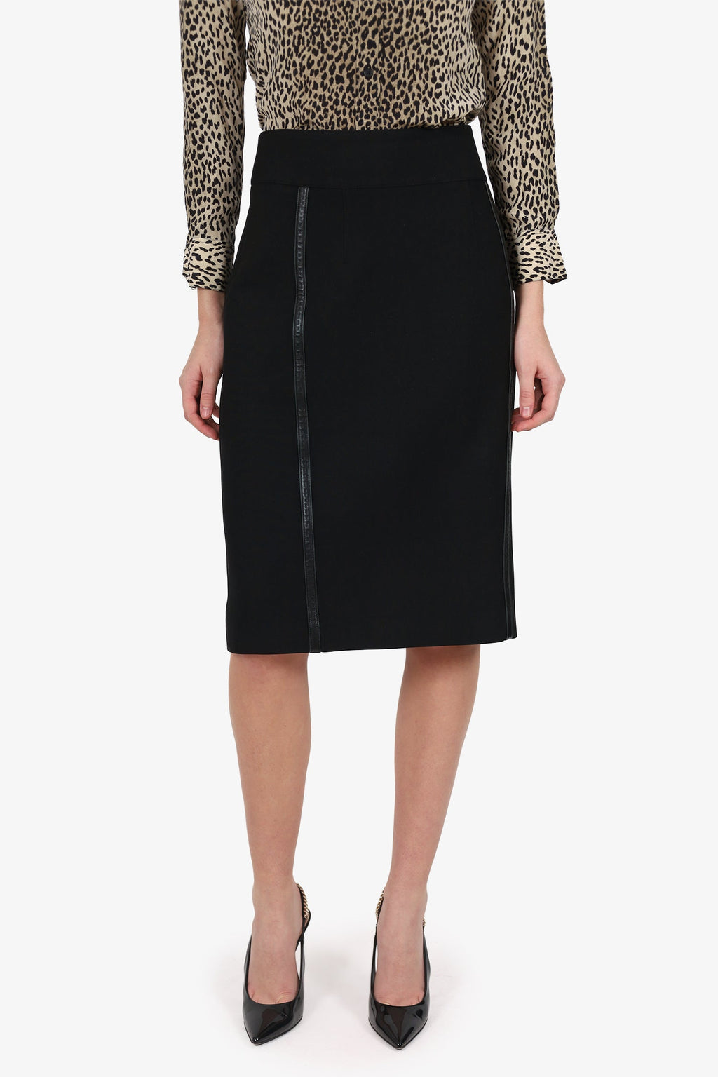 Burberry London Black Leather Trim Knee Length Skirt Size 14