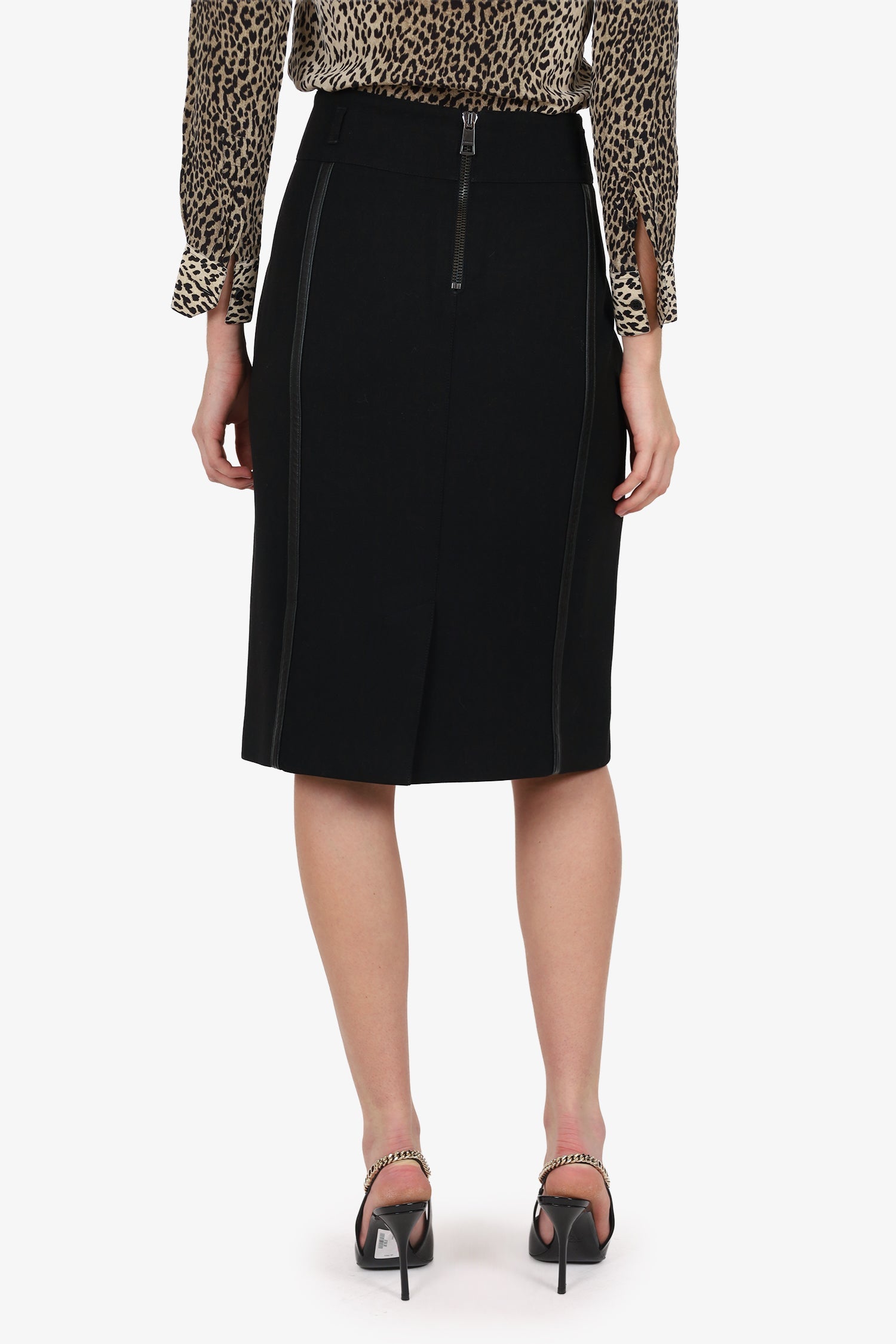 Burberry London Black Leather Trim Knee Length Skirt Size 14