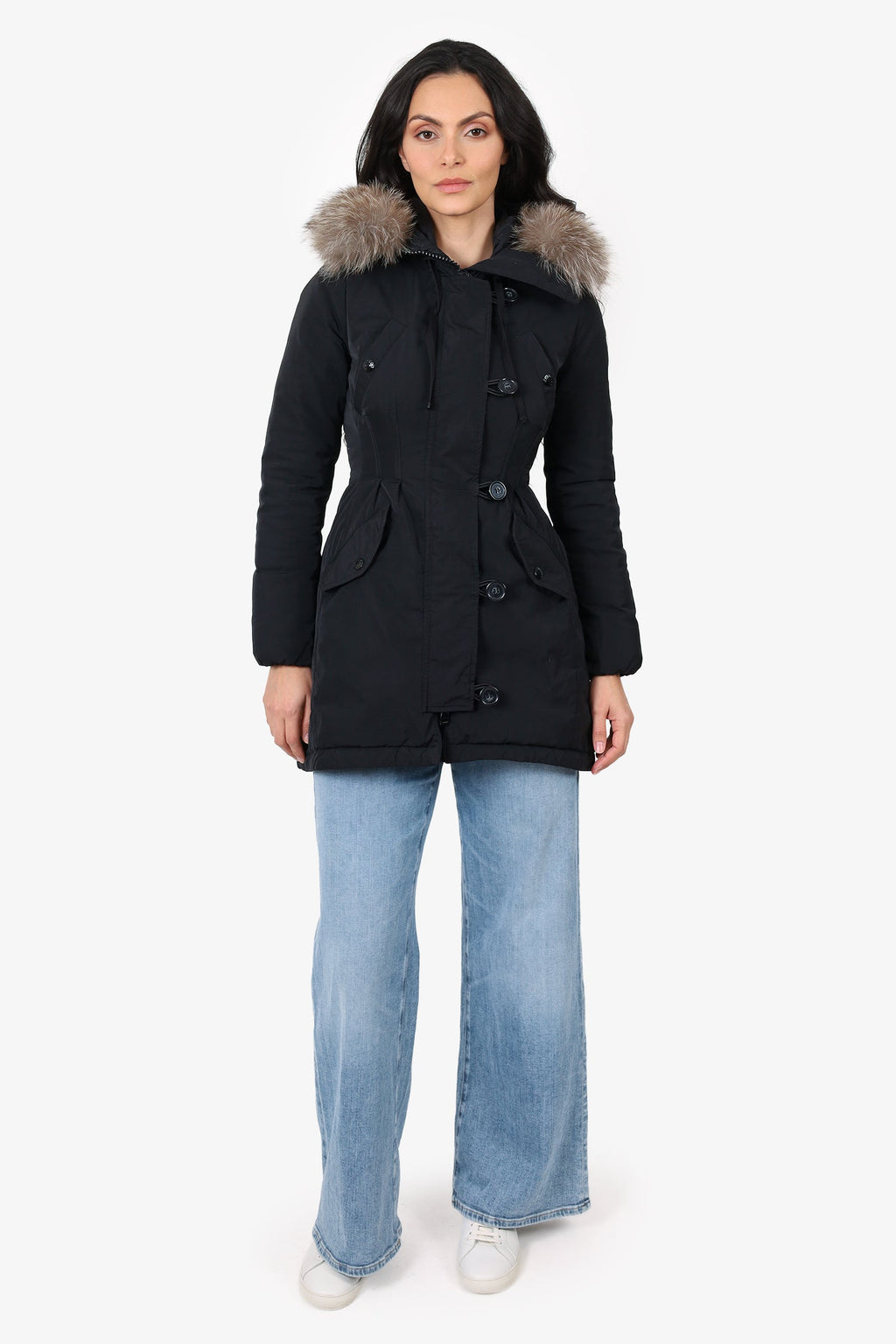 Moncler Black Arriette Down Parka Coat With Fox Fur Hood Size 00