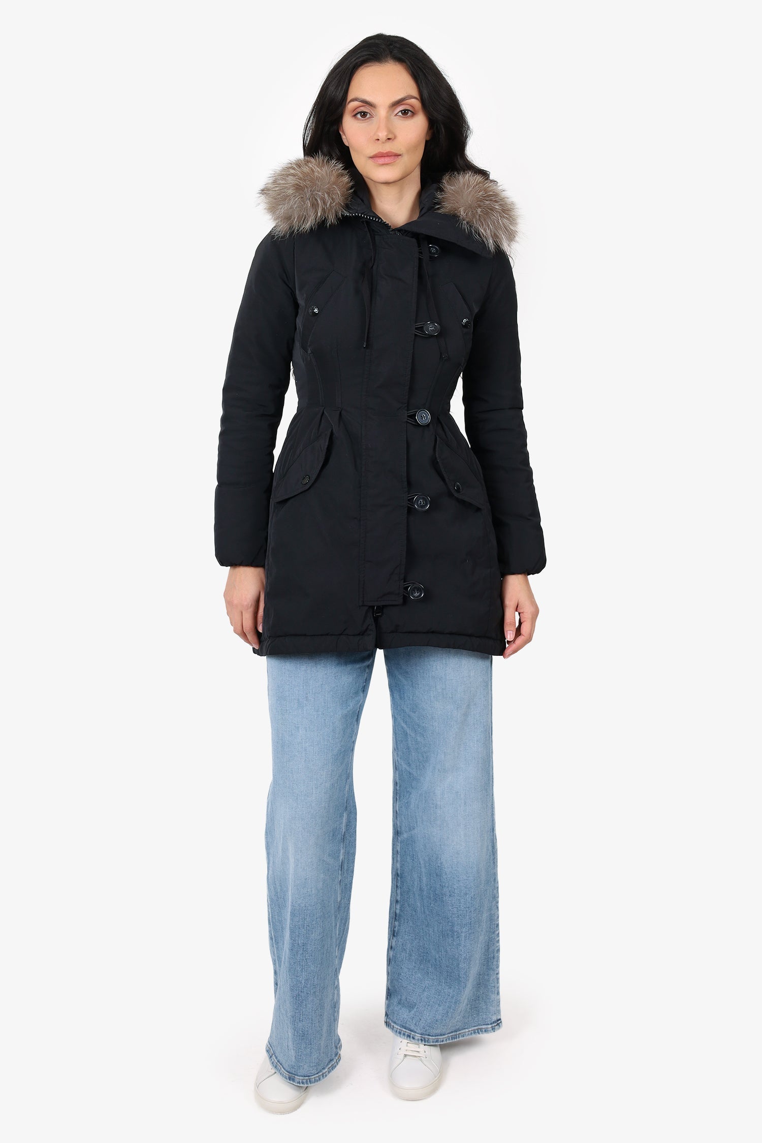 Moncler Black Arriette Down Parka Coat With Fox Fur Hood Size 00