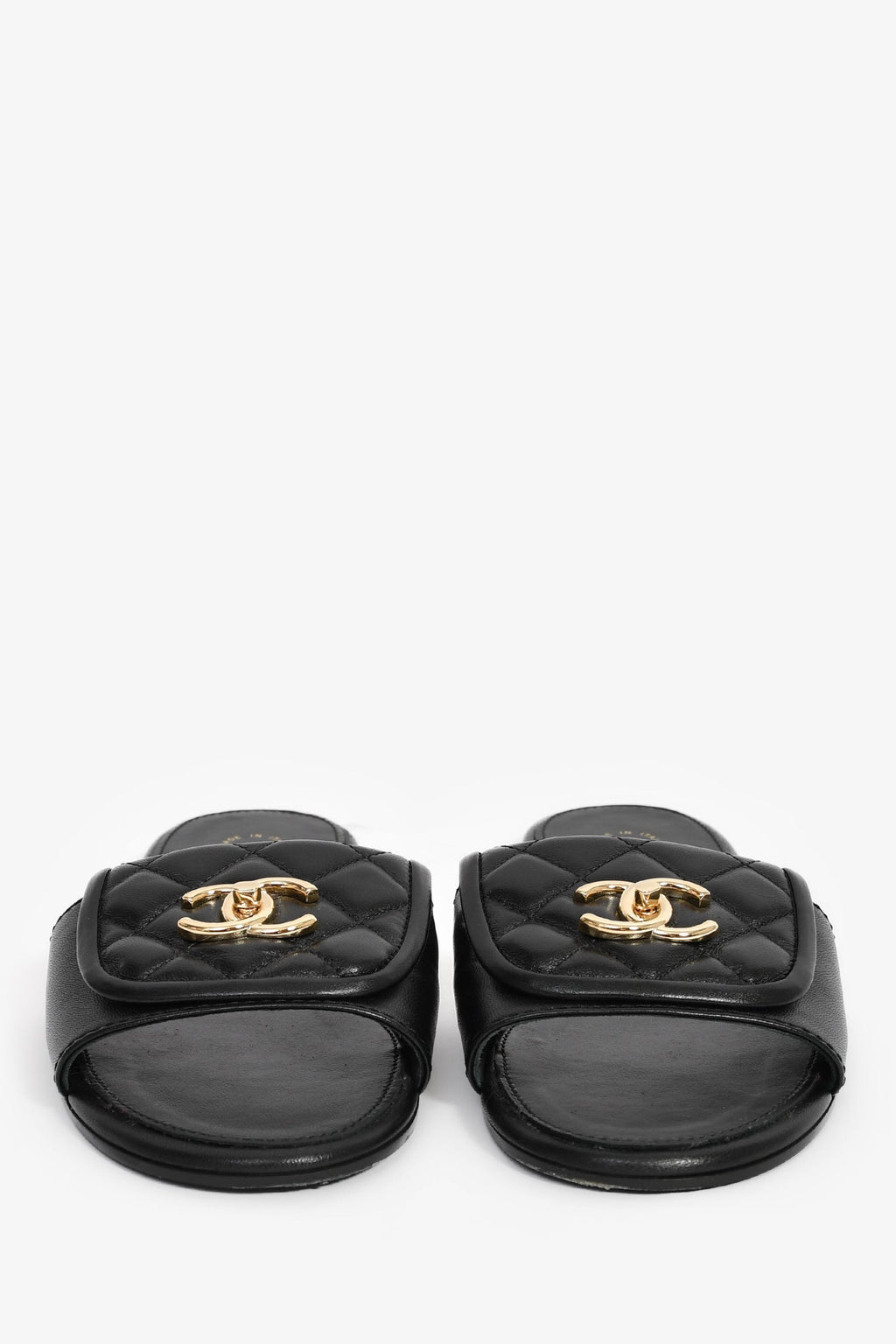 Pre-Loved Chanel™ Black Leather Quilted Interlocking CC Slides Size 38