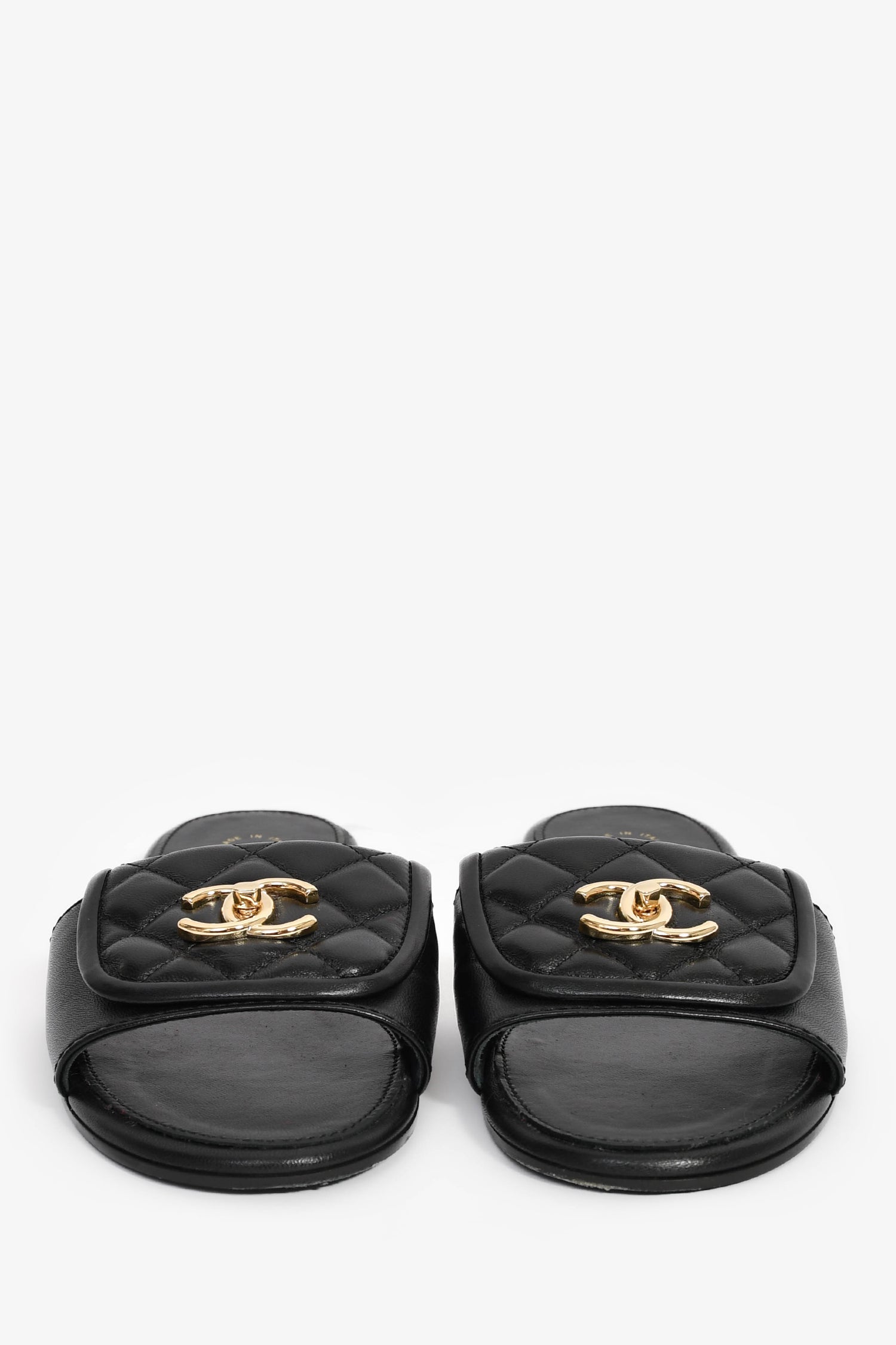 Pre-Loved Chanel™ Black Leather Quilted Interlocking CC Slides Size 38