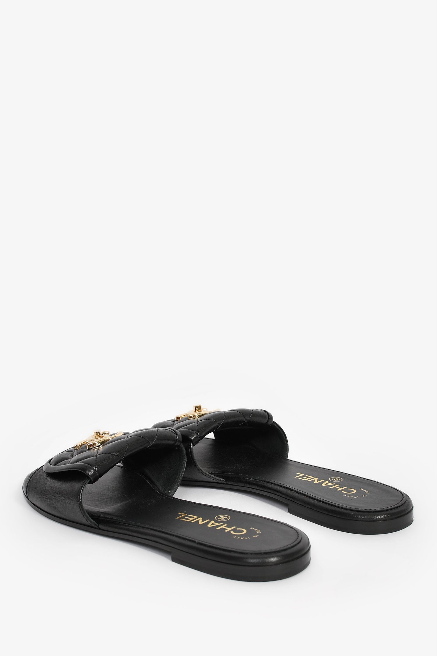 Pre-Loved Chanel™ Black Leather Quilted Interlocking CC Slides Size 38