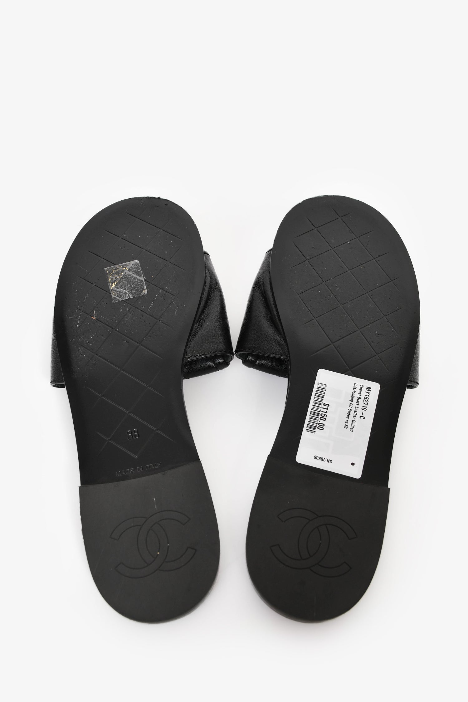 Pre-Loved Chanel™ Black Leather Quilted Interlocking CC Slides Size 38