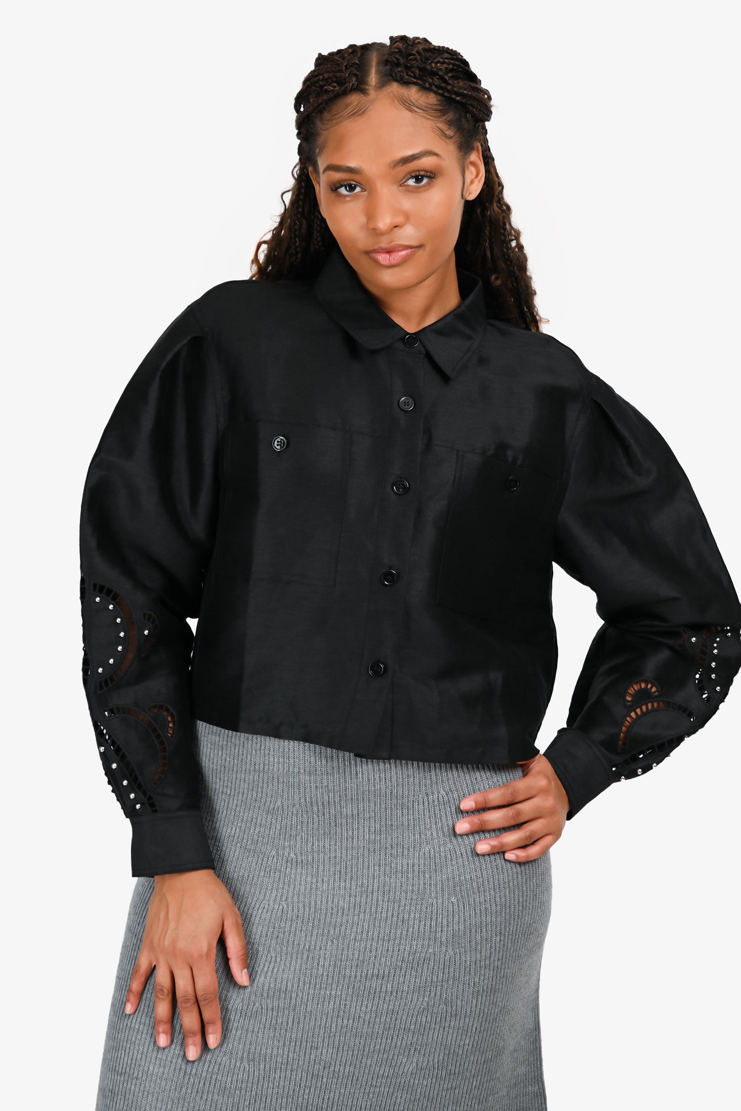 Maje Black Embellished Sleeve Button Down Top Size 3