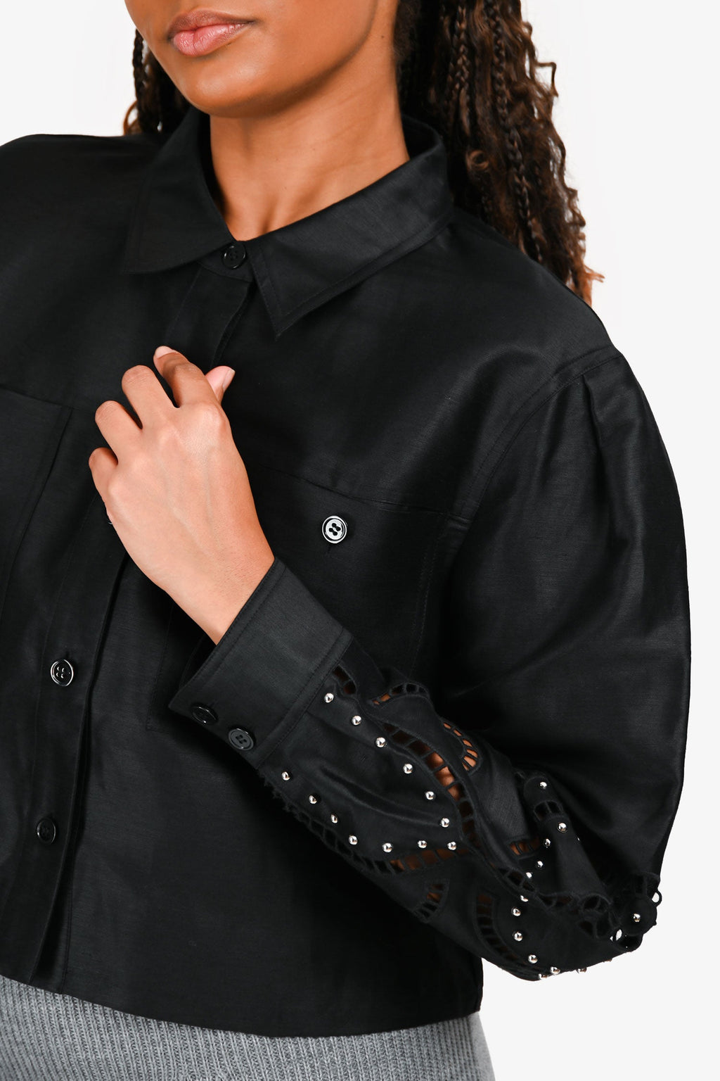 Maje Black Embellished Sleeve Button Down Top Size 3