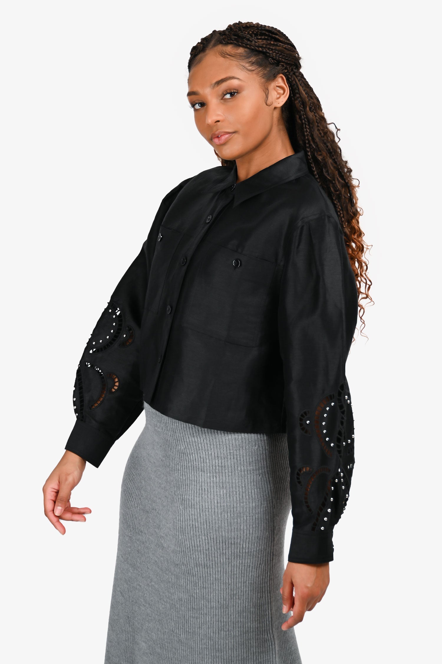 Maje Black Embellished Sleeve Button Down Top Size 3