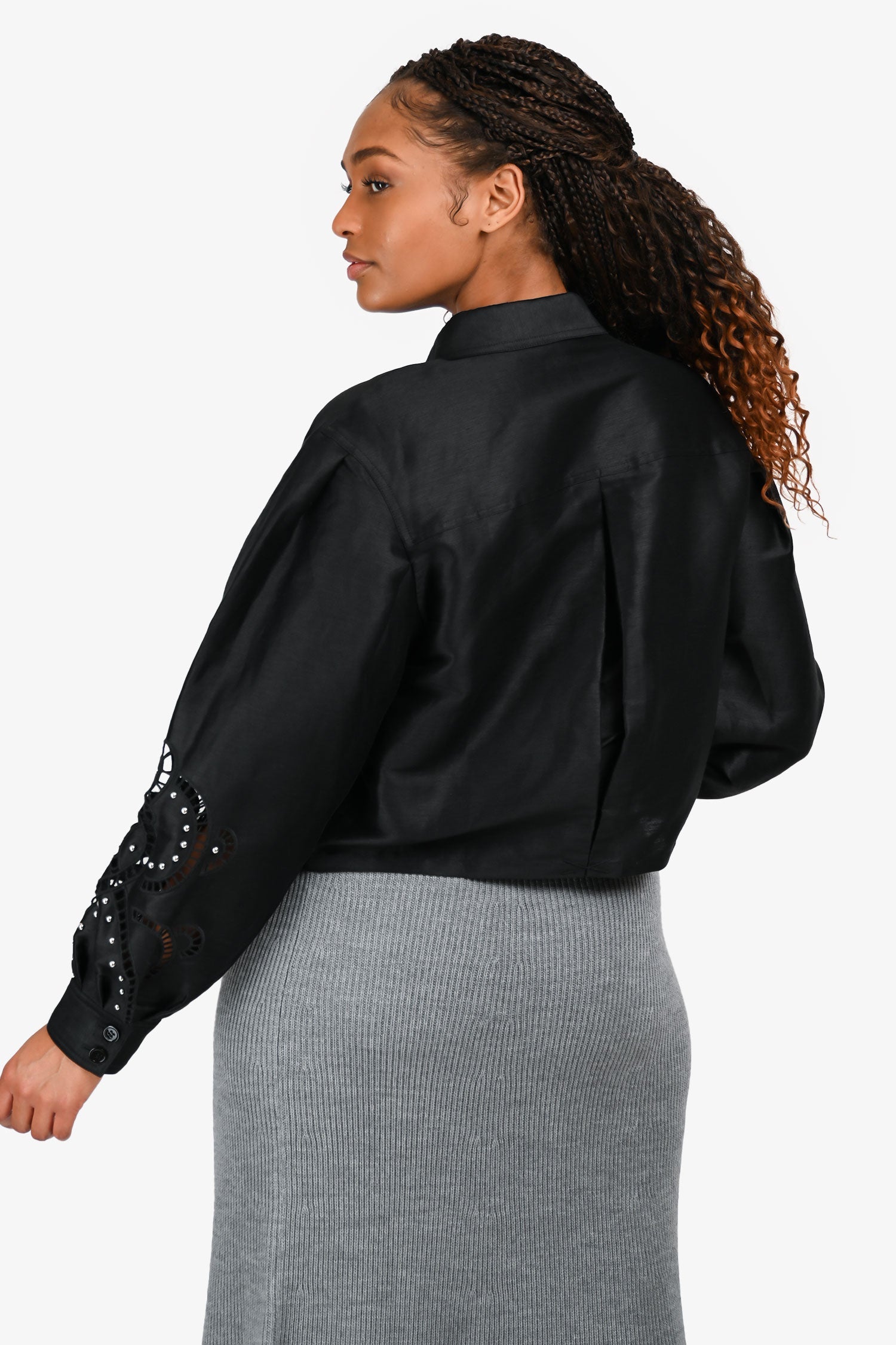 Maje Black Embellished Sleeve Button Down Top Size 3