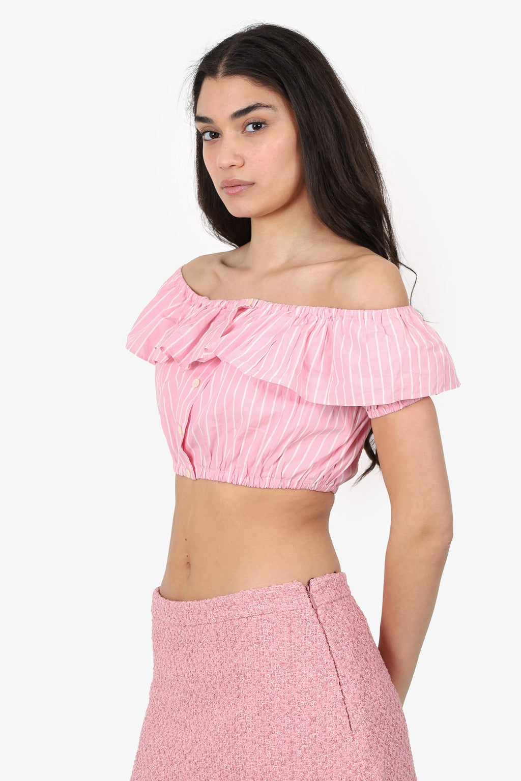 Miu Miu Pink/White Striped Crop Ruffle Detail Crop Top Size 36