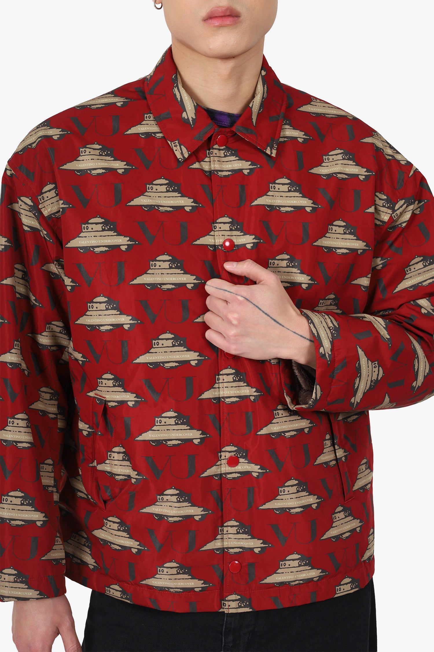 Valentino x Undercover Red/Beige Nylon UFO Teddy Lined Jacket Size 1 Mens