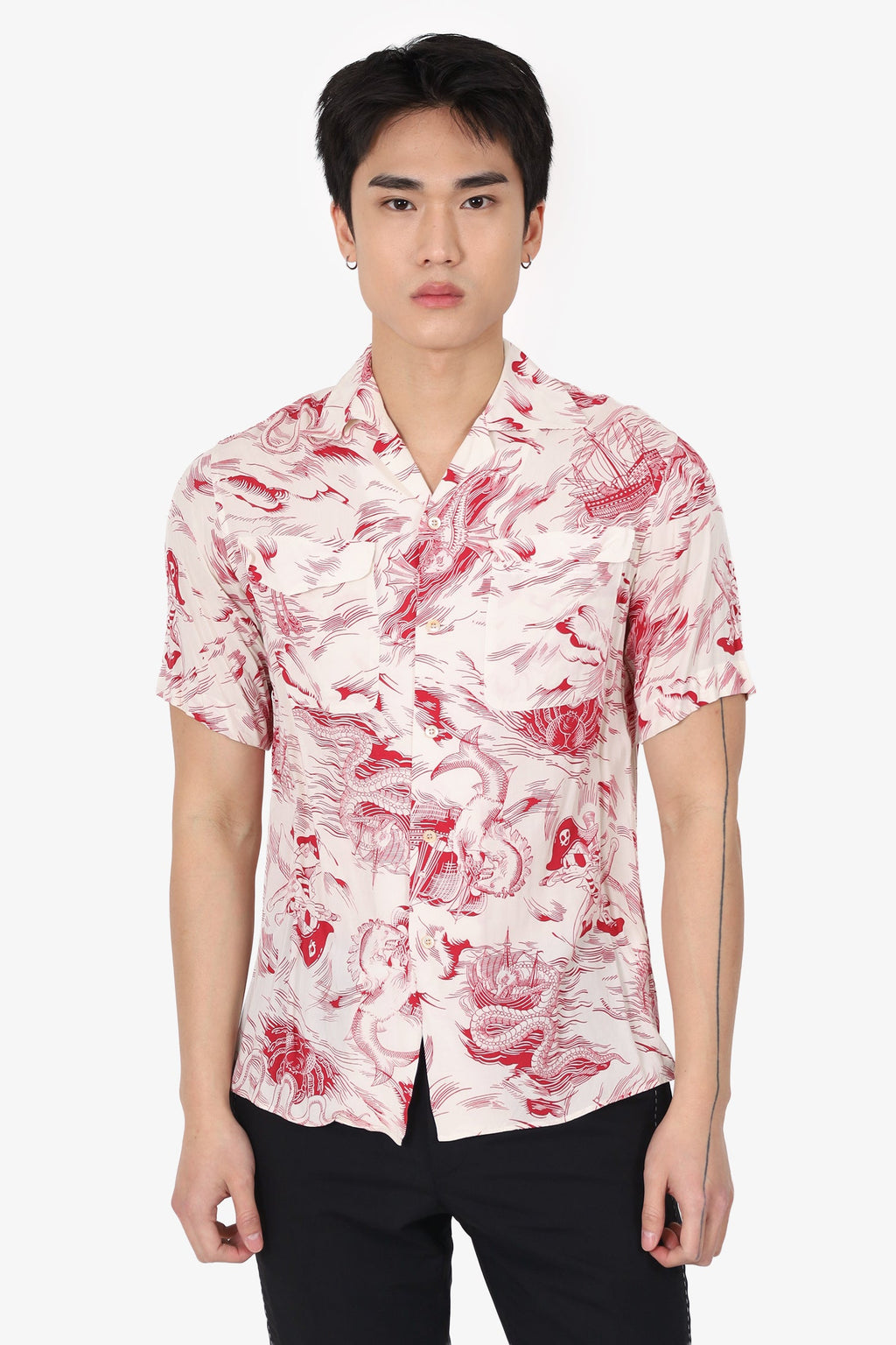 Gucci X Disney Cream/Red Dragon Printed Shirt Sleeve Shirt Size 44 Mens