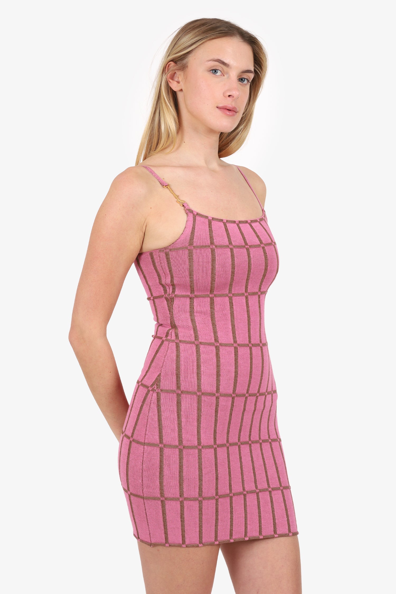 Jacquemus Pink/Brown Knit Strappy Mini Dress Size 34