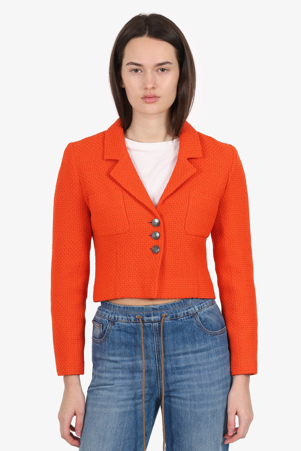 Pre-Loved Chanel™ Orange Tweed Cropped Long Sleeve Jacket Size 40