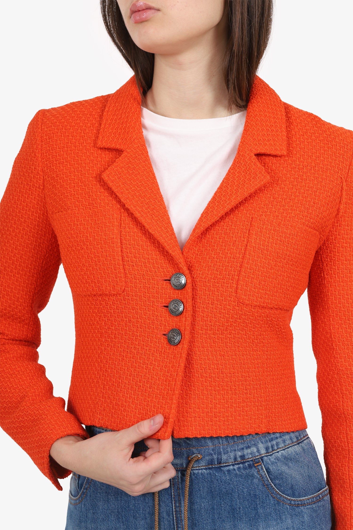 Pre-Loved Chanel™ Orange Tweed Cropped Long Sleeve Jacket Size 40
